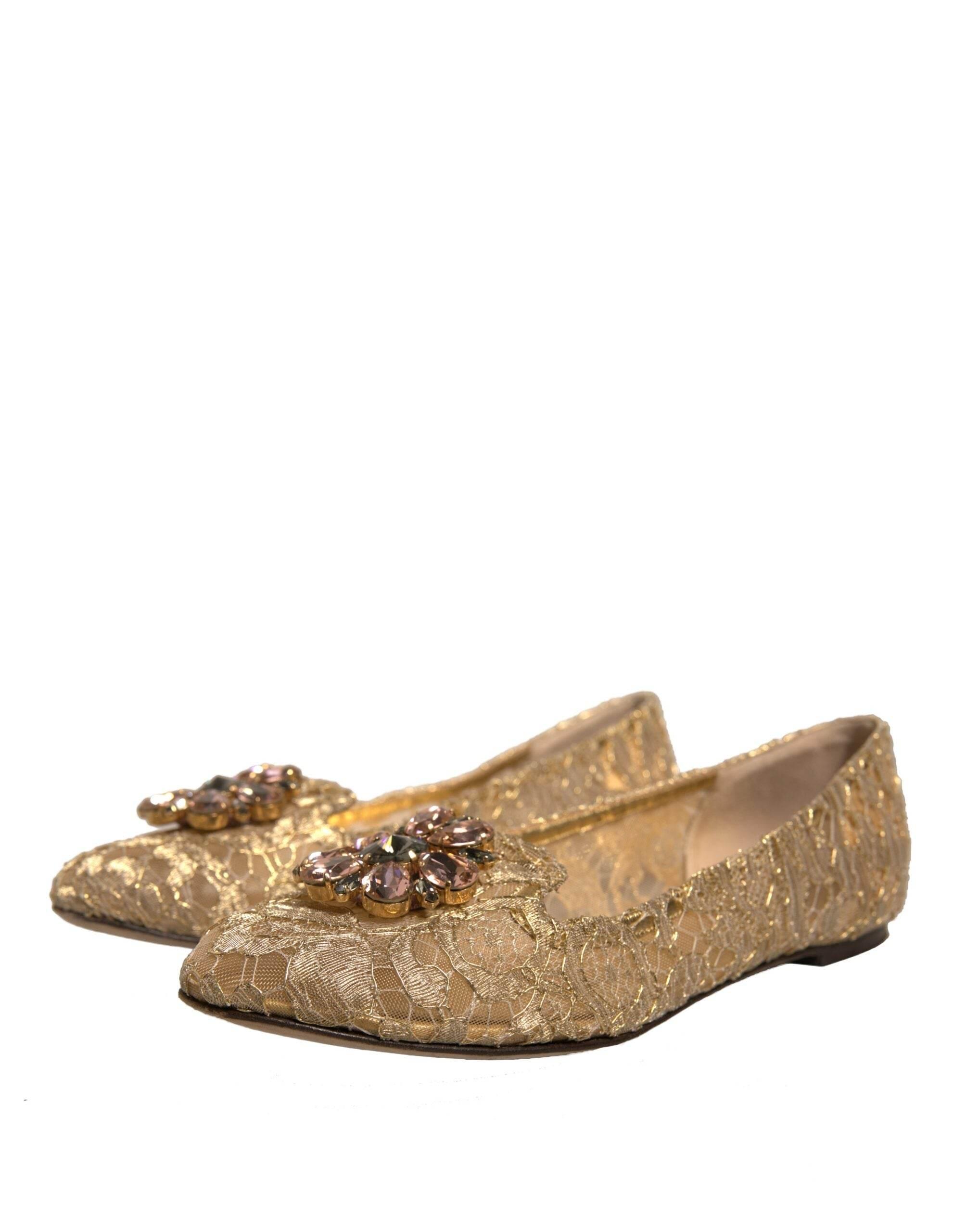 Dolce & Gabbana Gold Crystal Loafer Lace Ballet Flats Shoes - Hilstor