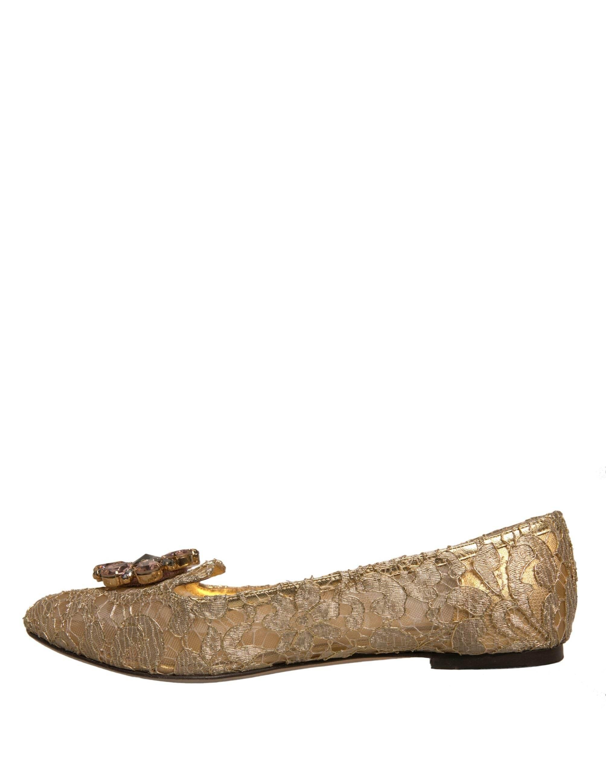 Dolce & Gabbana Gold Crystal Loafer Lace Ballet Flats Shoes - Hilstor