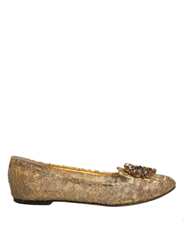 Dolce & Gabbana Gold Crystal Loafer Lace Ballet Flats Shoes - Hilstor