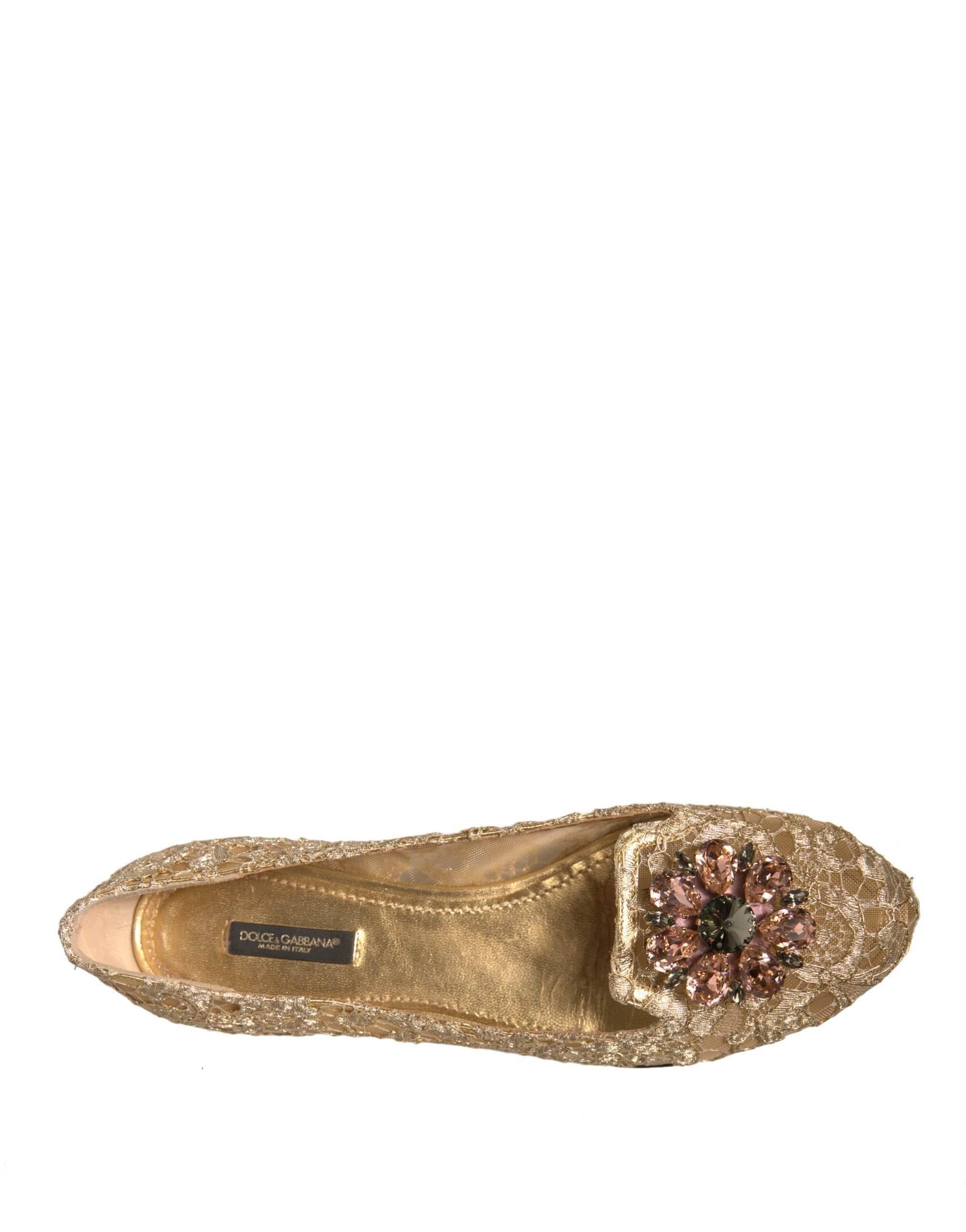 Dolce & Gabbana Gold Crystal Loafer Lace Ballet Flats Shoes - Hilstor