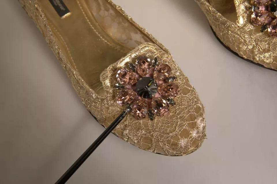 Dolce & Gabbana Gold Crystal Loafer Lace Ballet Flats Shoes - Hilstor