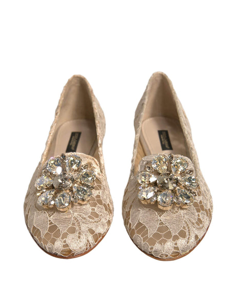 Dolce & Gabbana Beige Crystal Loafer Lace Ballet Flats Shoes - Hilstor
