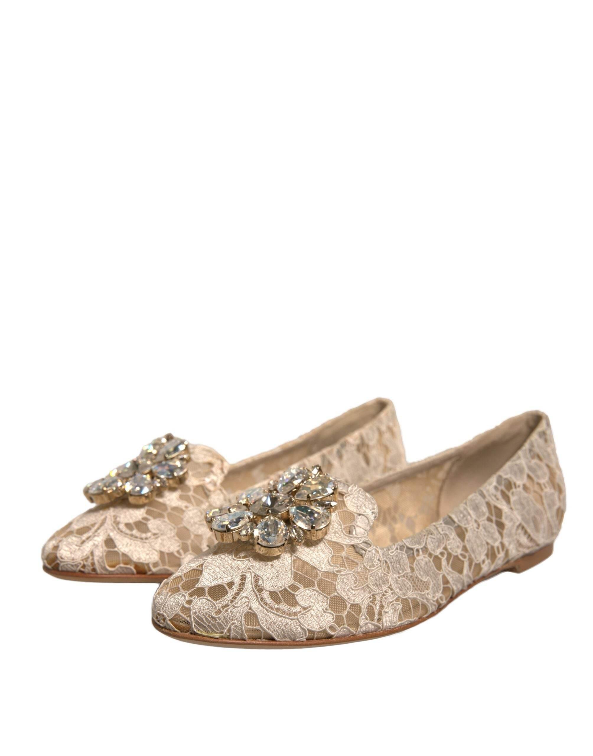 Dolce & Gabbana Beige Crystal Loafer Lace Ballet Flats Shoes - Hilstor
