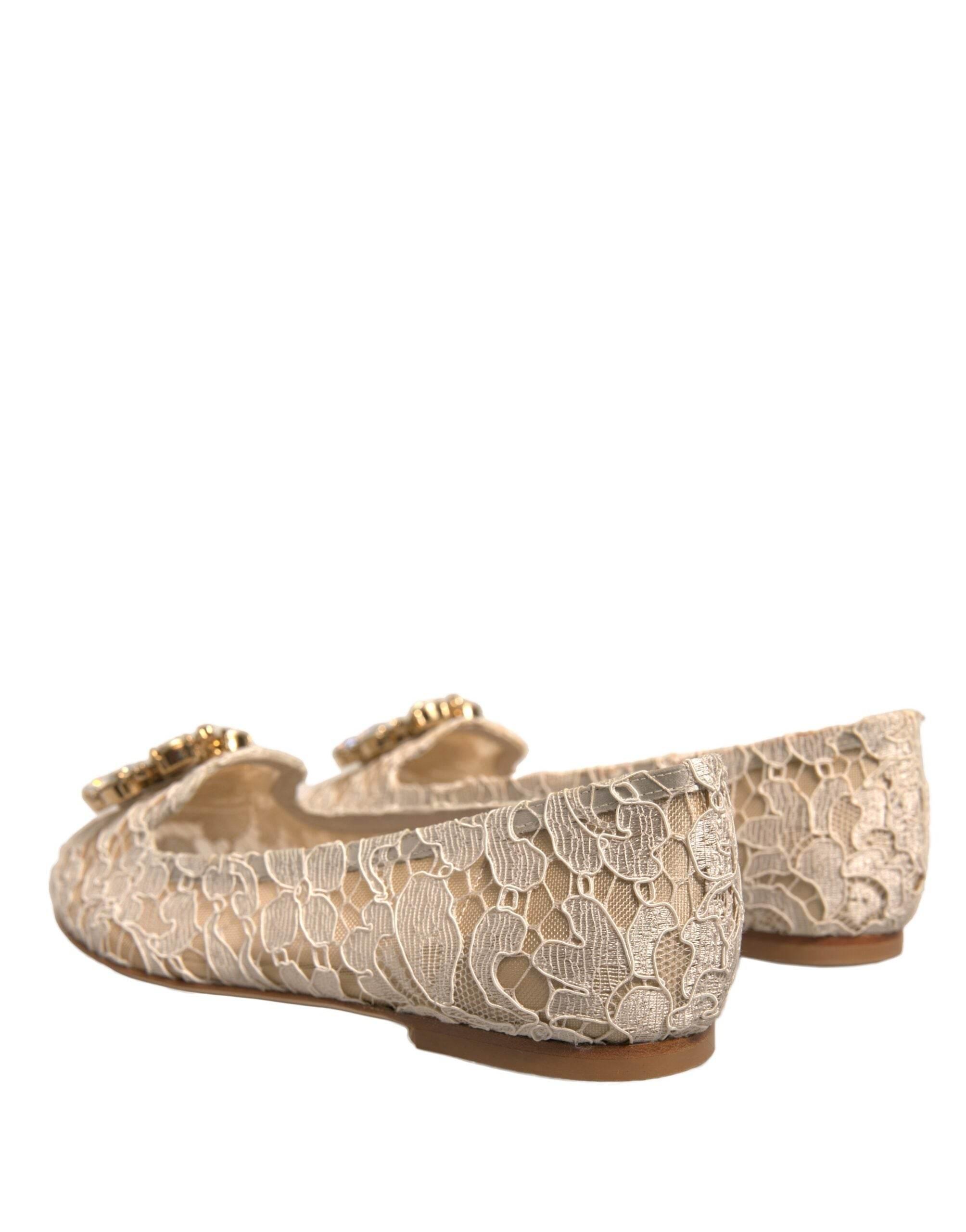 Dolce & Gabbana Beige Crystal Loafer Lace Ballet Flats Shoes - Hilstor