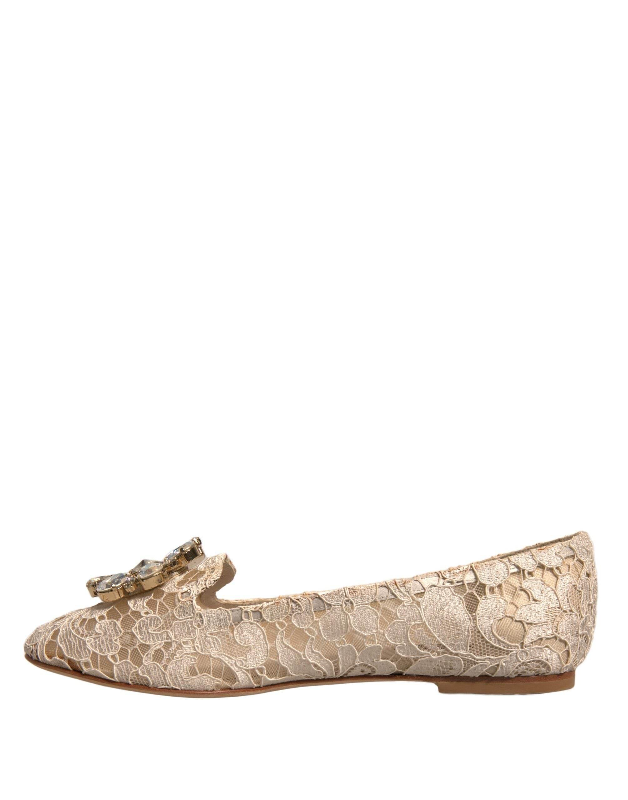 Dolce & Gabbana Beige Crystal Loafer Lace Ballet Flats Shoes - Hilstor