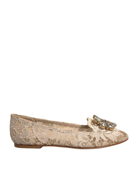 Dolce & Gabbana Beige Crystal Loafer Lace Ballet Flats Shoes - Hilstor