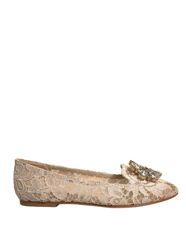 Dolce & Gabbana Beige Crystal Loafer Lace Ballet Flats Shoes - Hilstor