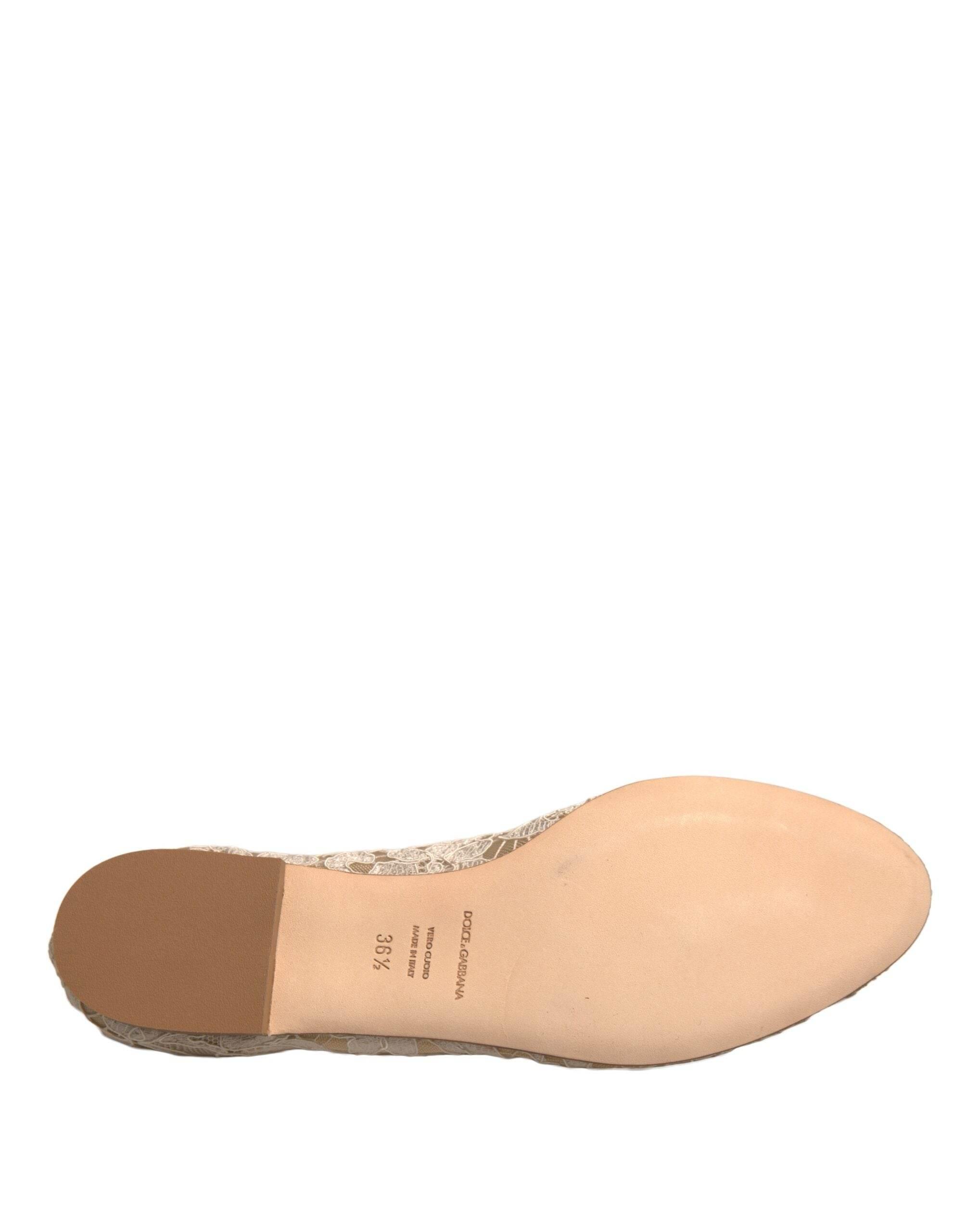 Dolce & Gabbana Beige Crystal Loafer Lace Ballet Flats Shoes - Hilstor