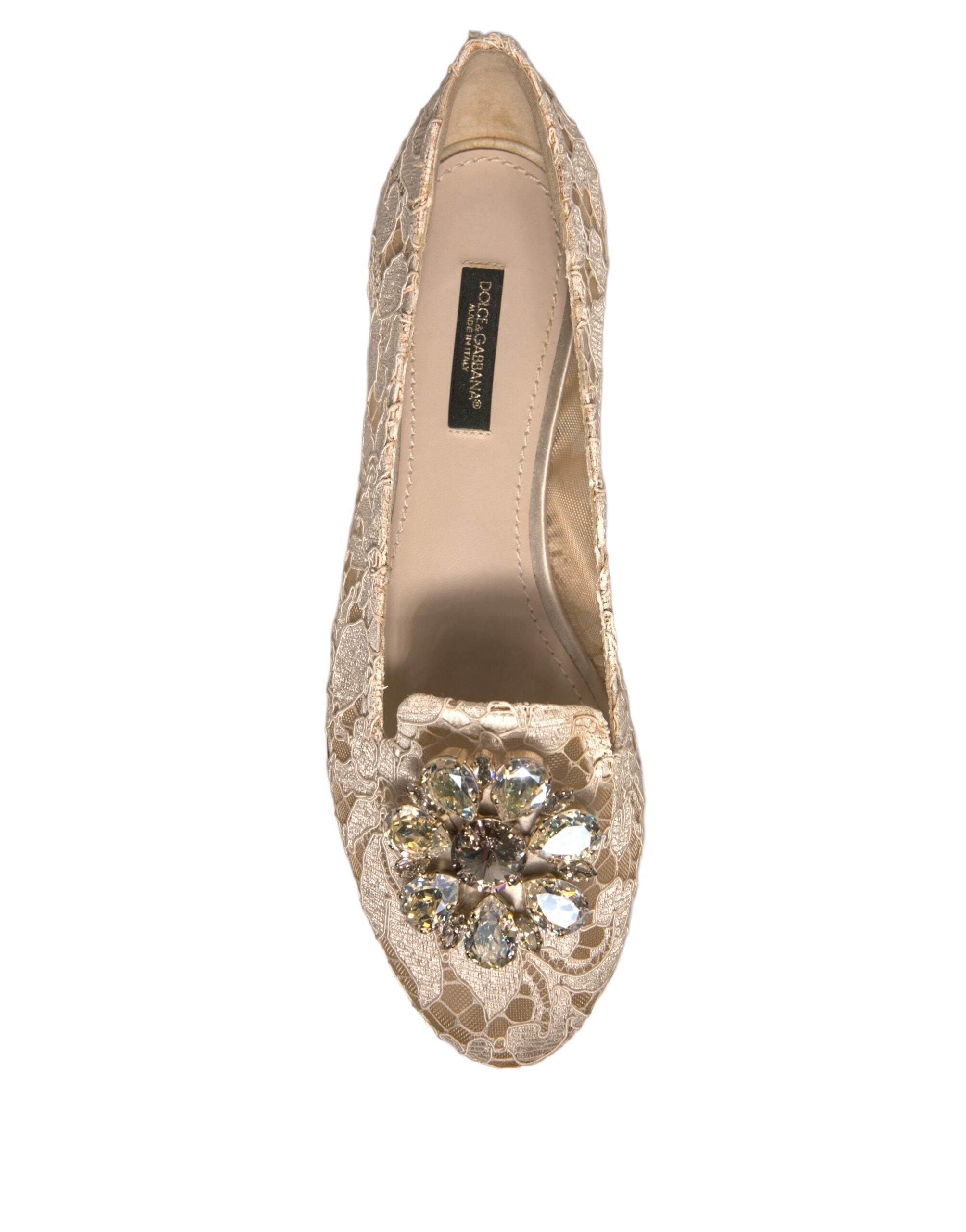 Dolce & Gabbana Beige Crystal Loafer Lace Ballet Flats Shoes - Hilstor