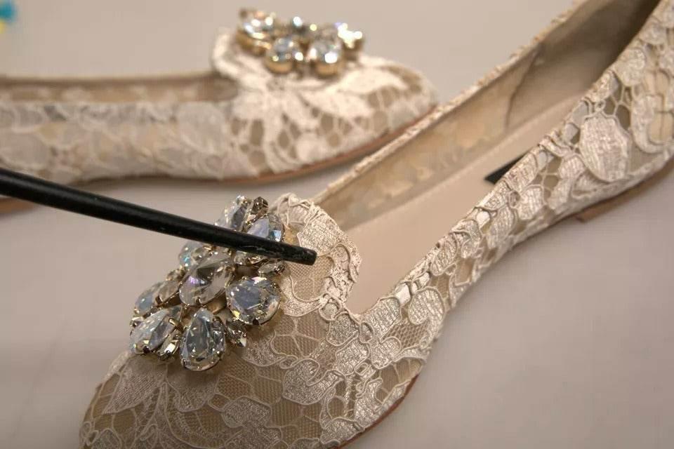 Dolce & Gabbana Beige Crystal Loafer Lace Ballet Flats Shoes - Hilstor