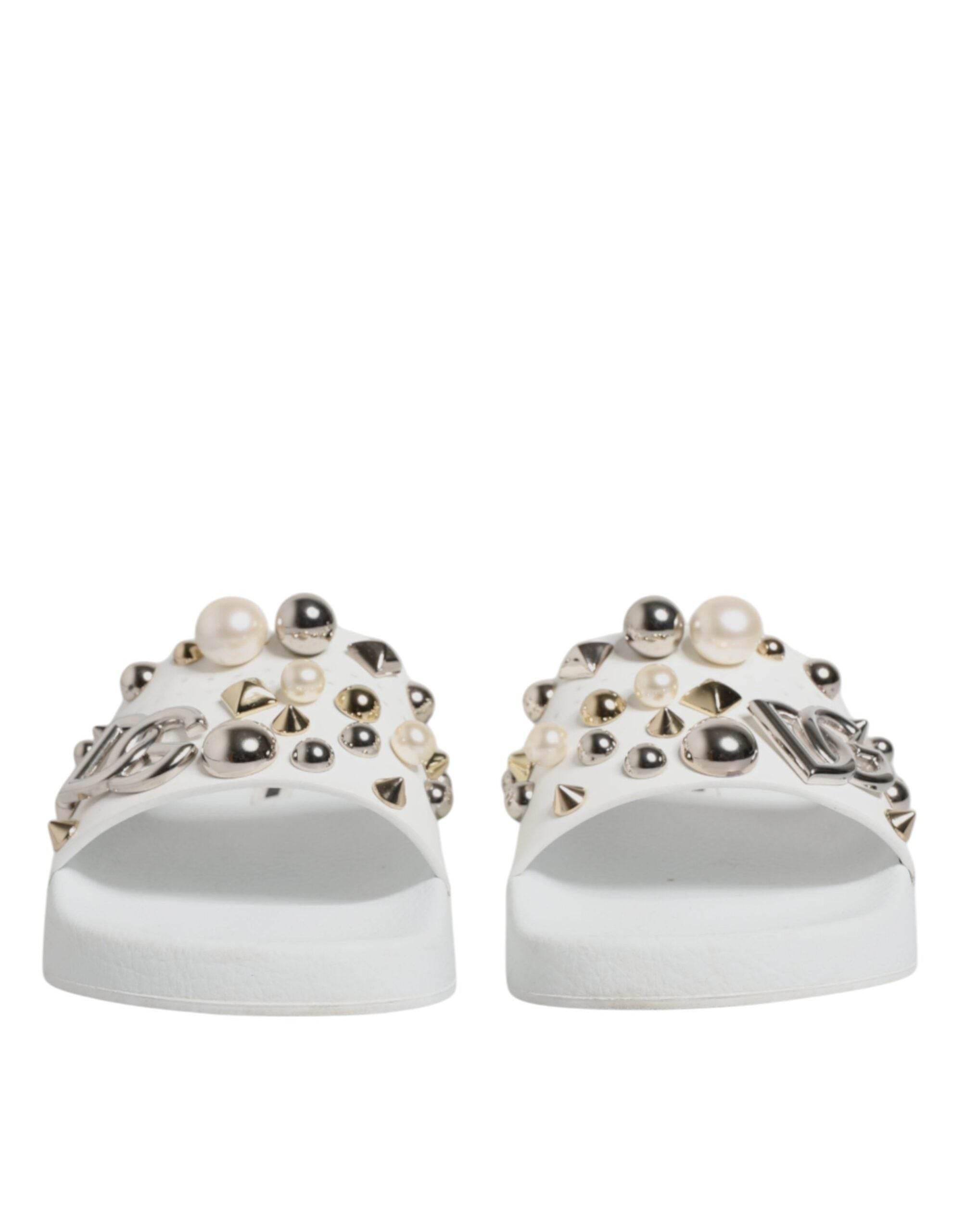 Dolce & Gabbana White Embellished Slides Sandals Shoes - Hilstor