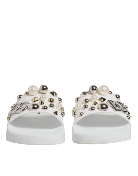 Dolce & Gabbana White Embellished Slides Sandals Shoes - Hilstor