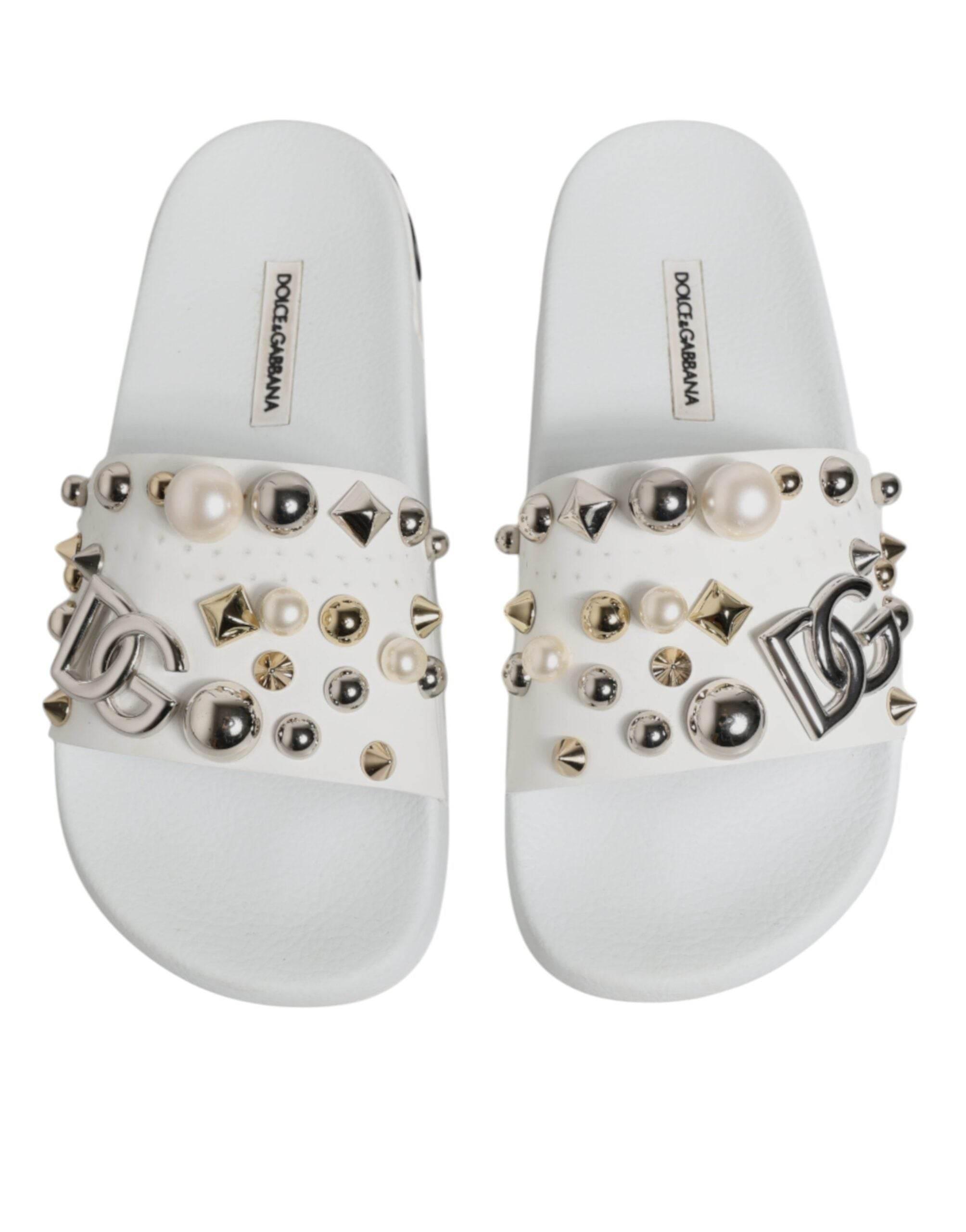 Dolce & Gabbana White Embellished Slides Sandals Shoes - Hilstor
