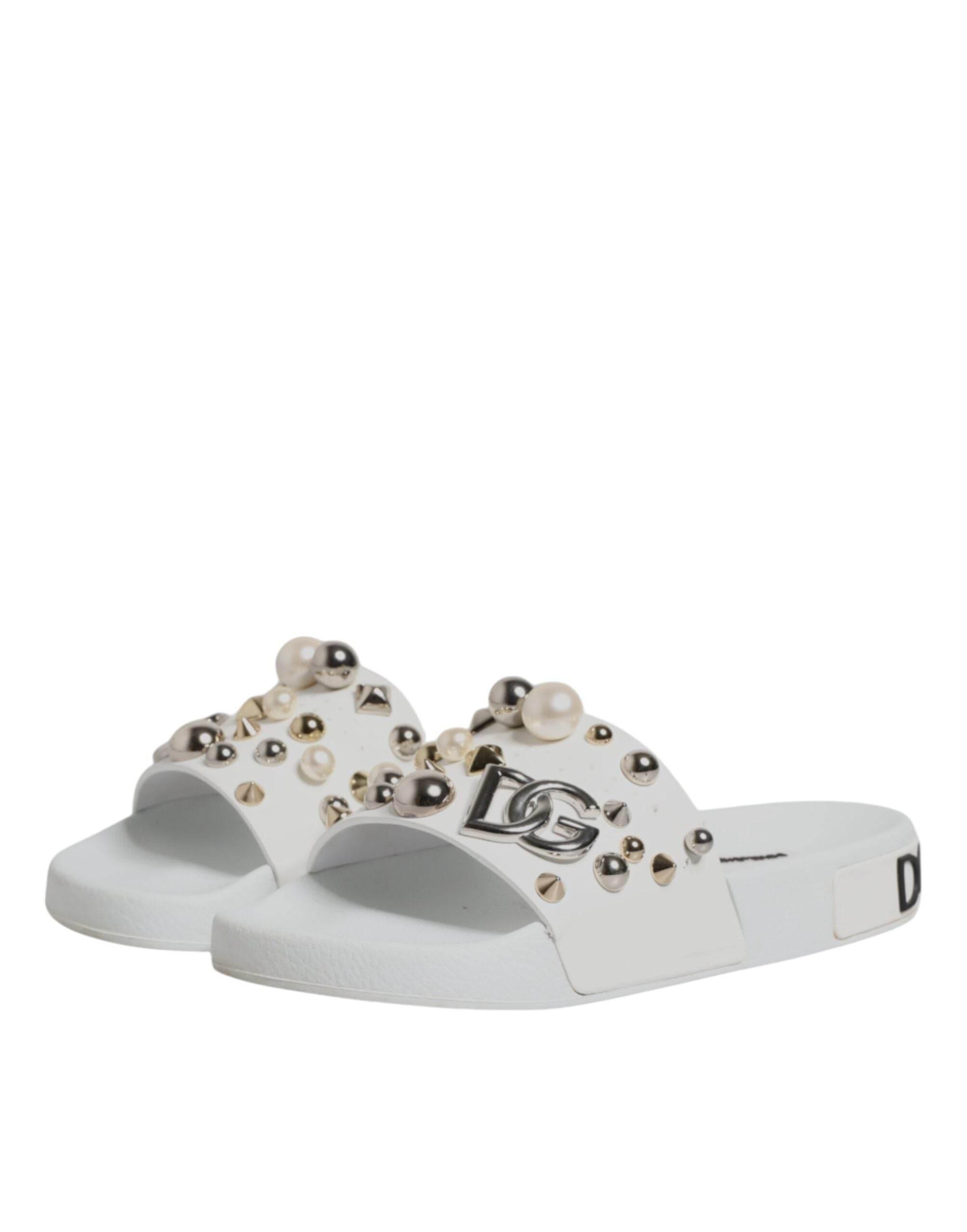 Dolce & Gabbana White Embellished Slides Sandals Shoes - Hilstor