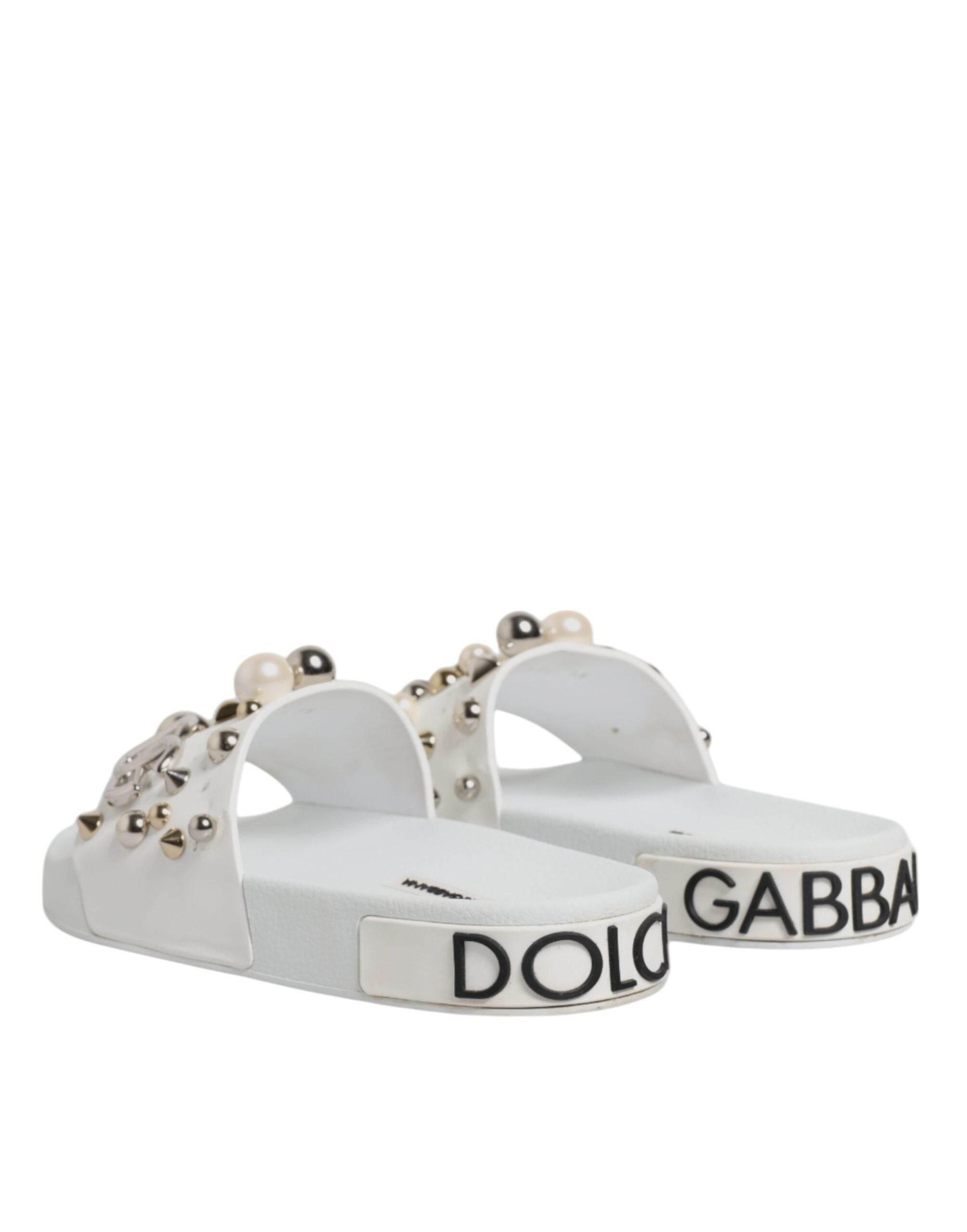 Dolce & Gabbana White Embellished Slides Sandals Shoes - Hilstor