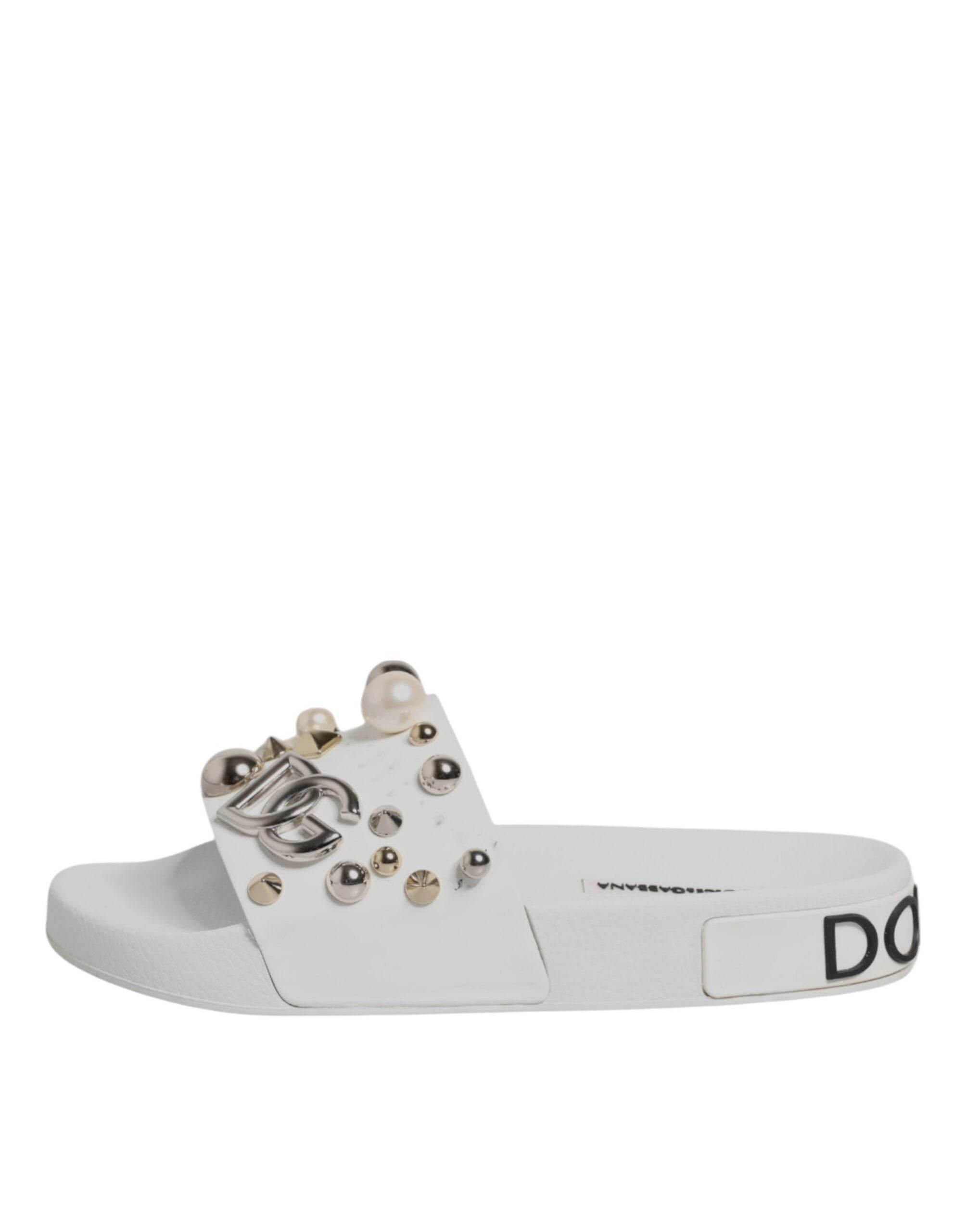 Dolce & Gabbana White Embellished Slides Sandals Shoes - Hilstor