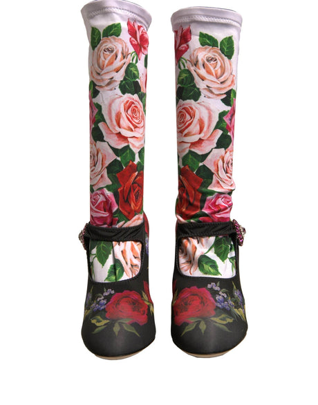 Dolce & Gabbana Black Floral Socks Crystal Boots Jersey Shoes - Hilstor