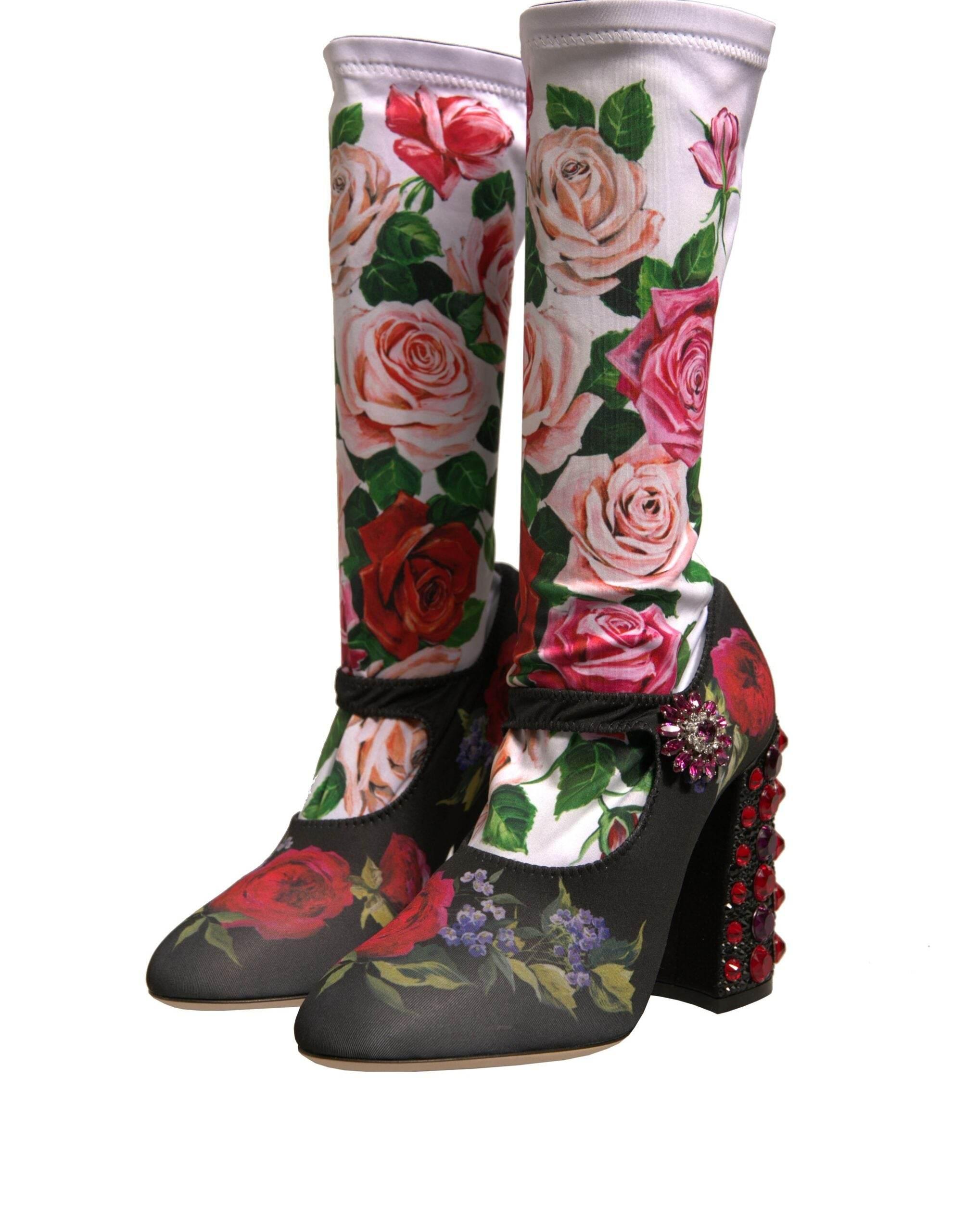 Dolce & Gabbana Black Floral Socks Crystal Boots Jersey Shoes - Hilstor
