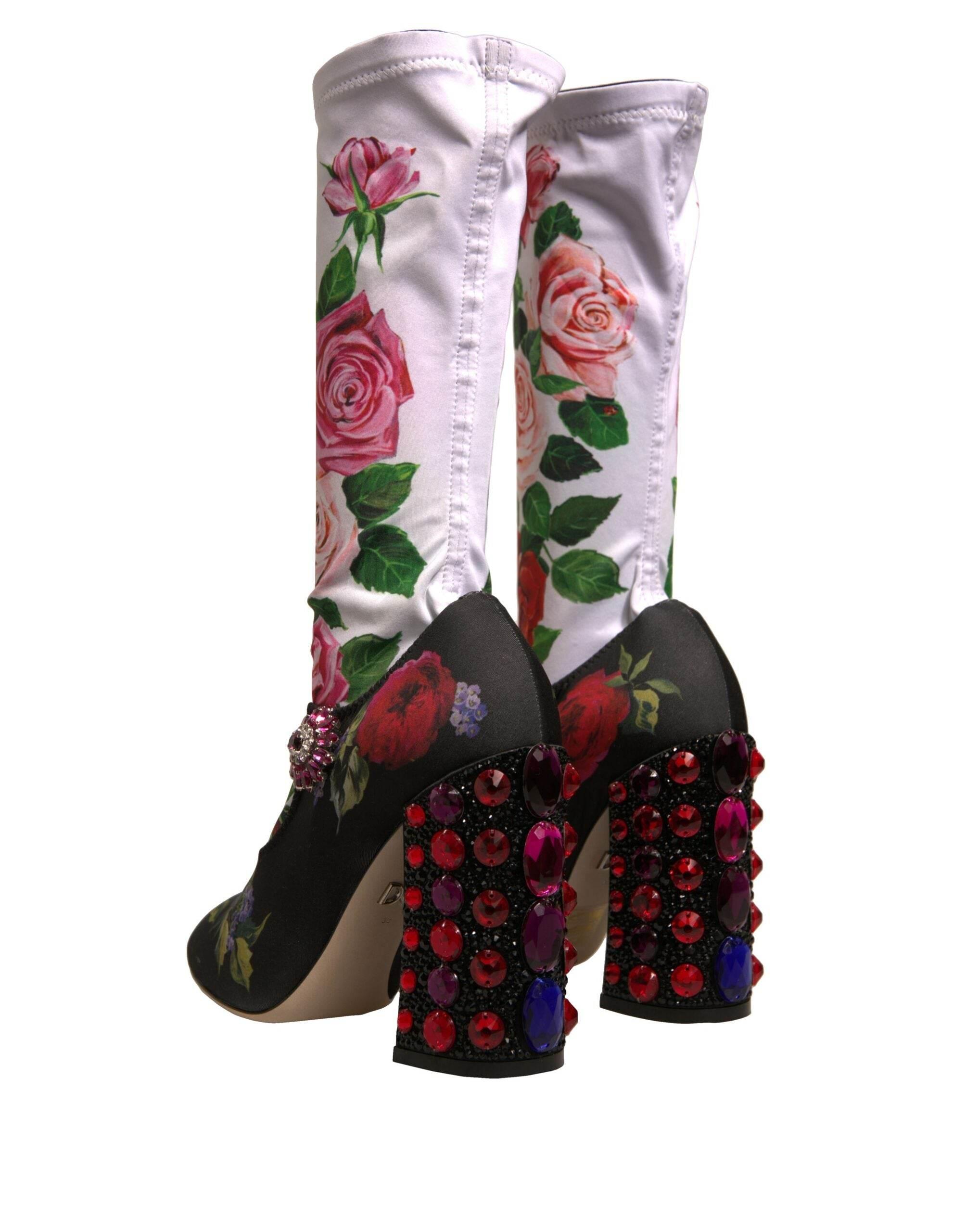 Dolce & Gabbana Black Floral Socks Crystal Boots Jersey Shoes - Hilstor