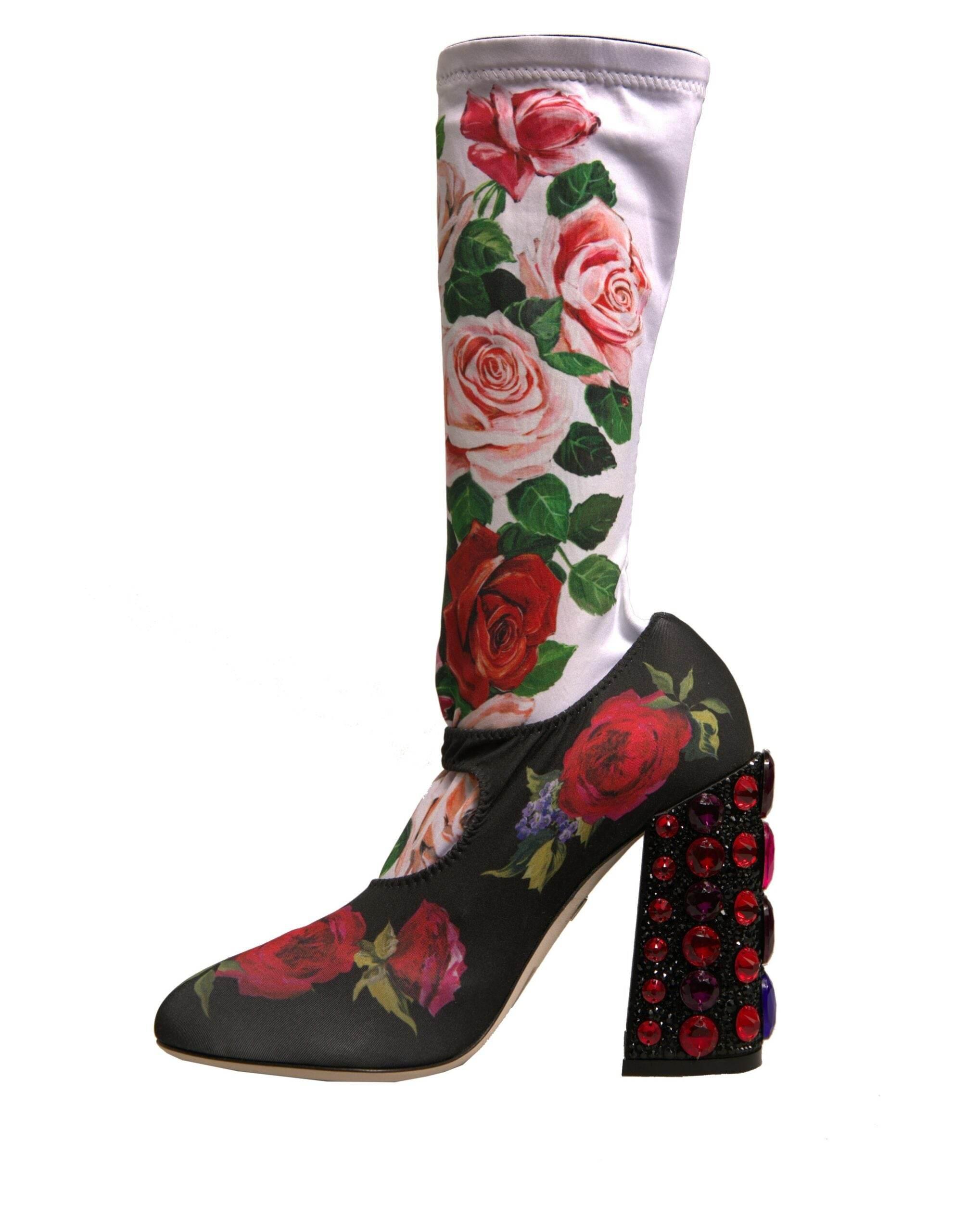 Dolce & Gabbana Black Floral Socks Crystal Boots Jersey Shoes - Hilstor