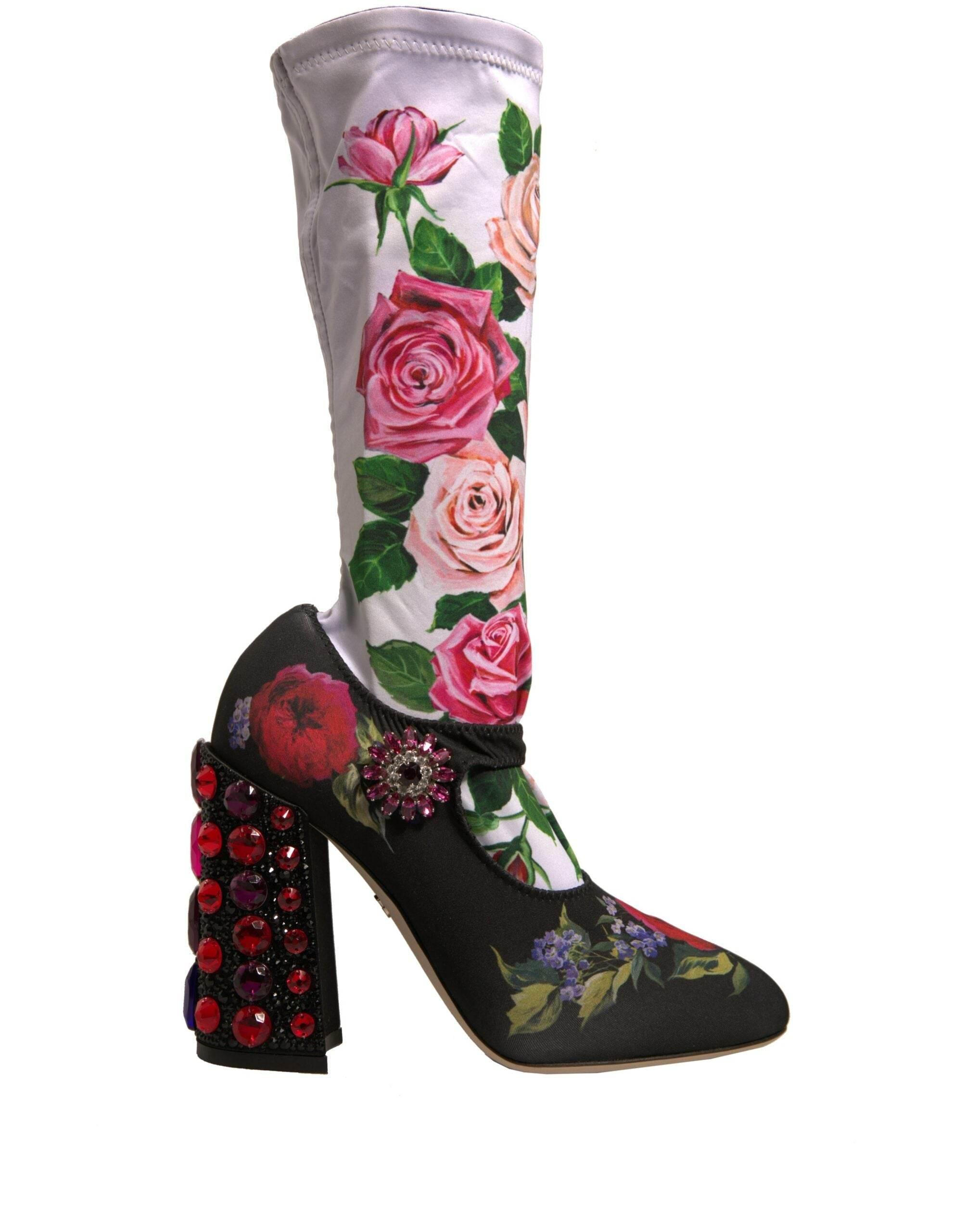 Dolce & Gabbana Black Floral Socks Crystal Boots Jersey Shoes - Hilstor