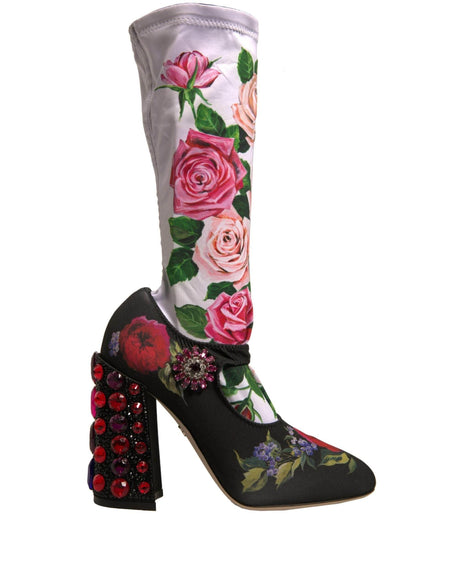 Dolce & Gabbana Black Floral Socks Crystal Boots Jersey Shoes - Hilstor