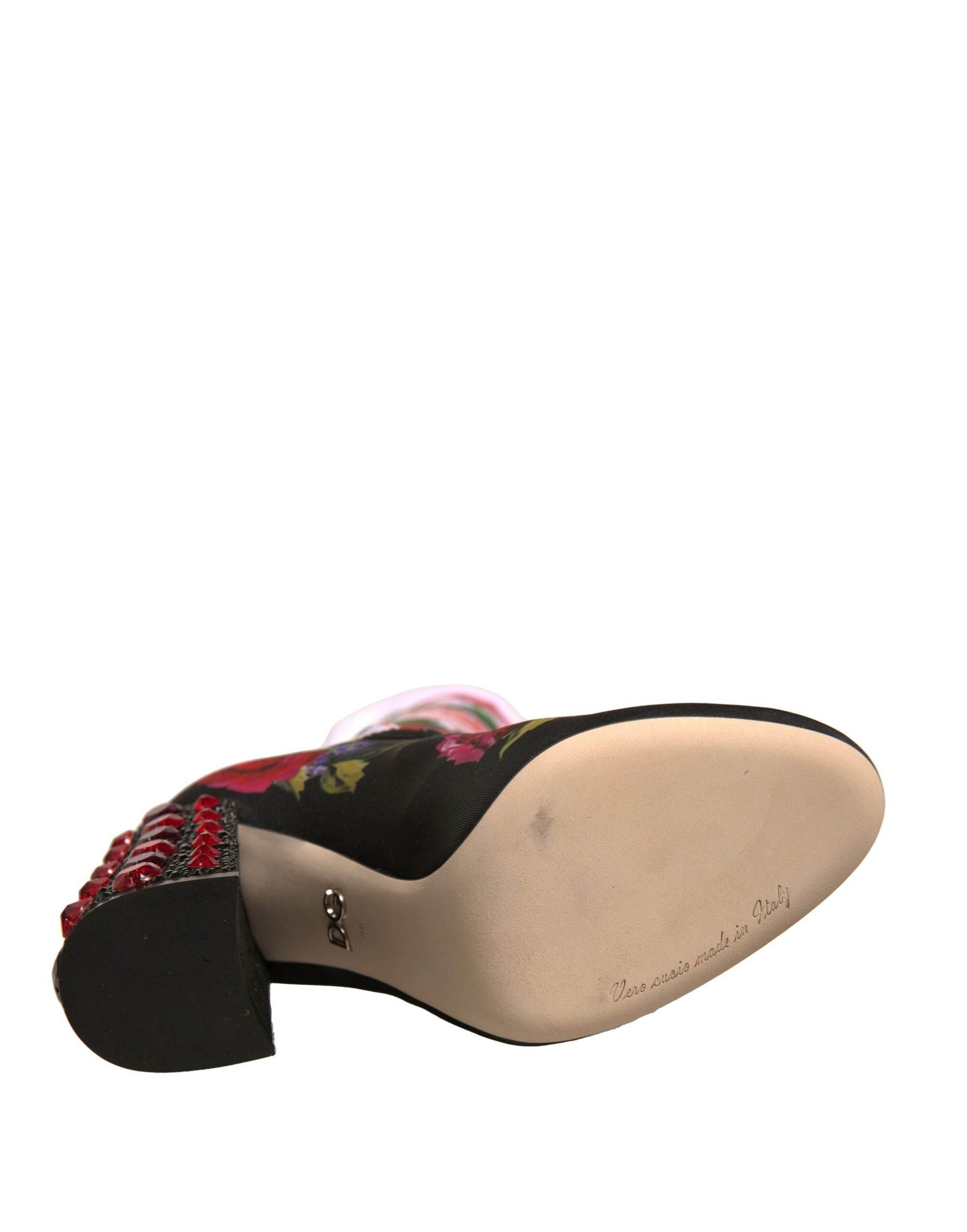Dolce & Gabbana Black Floral Socks Crystal Boots Jersey Shoes - Hilstor