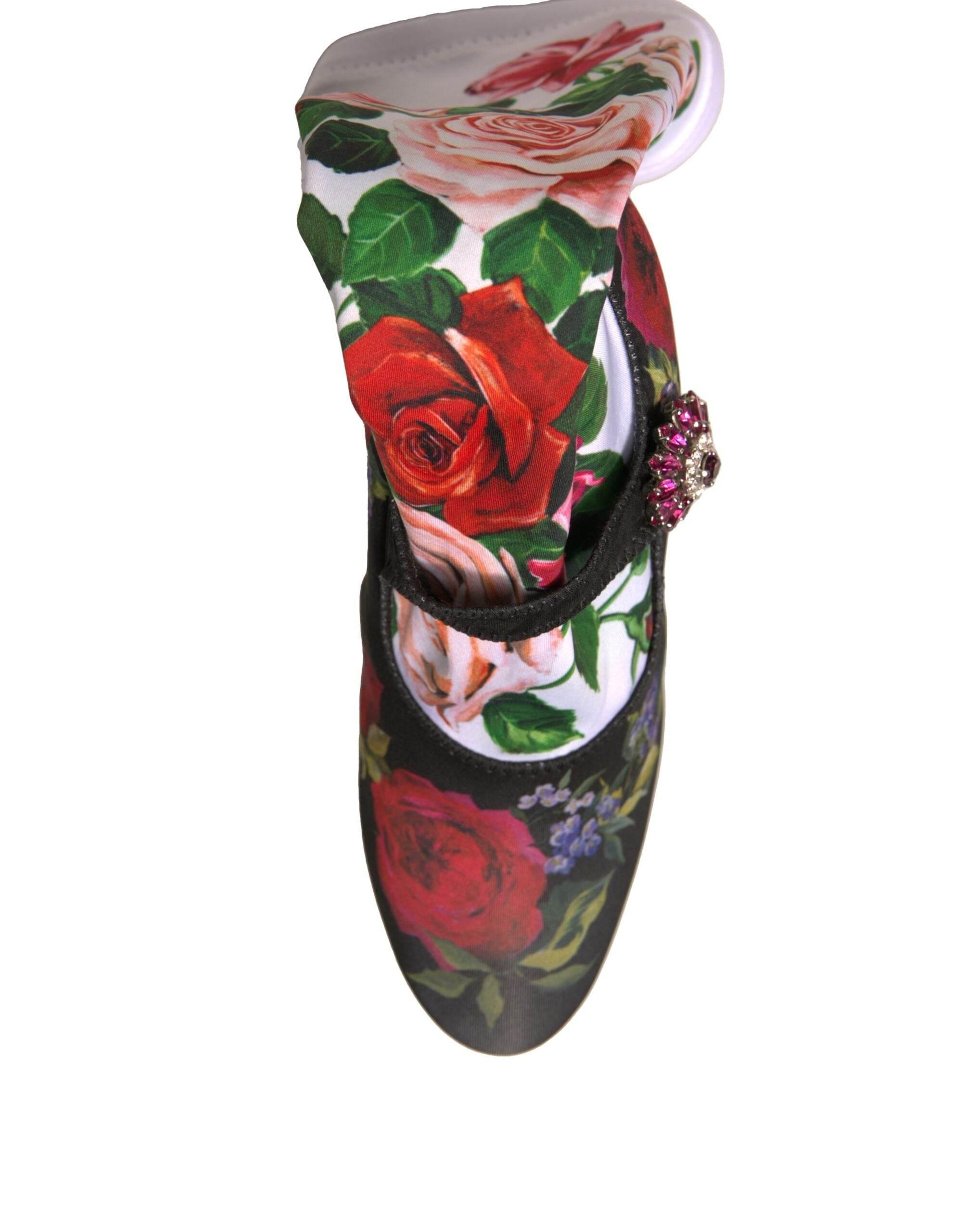 Dolce & Gabbana Black Floral Socks Crystal Boots Jersey Shoes - Hilstor