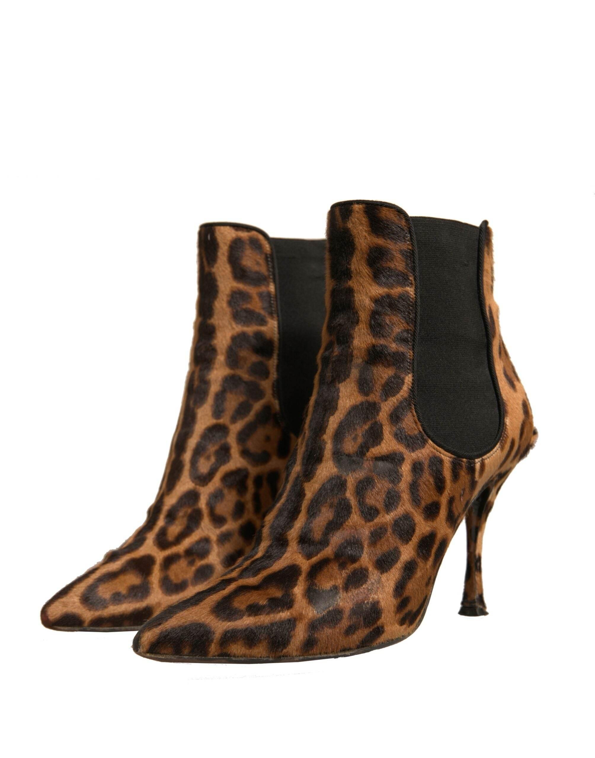 Dolce & Gabbana Brown Leopard Leather Stretch Heels Boots Shoes - Hilstor