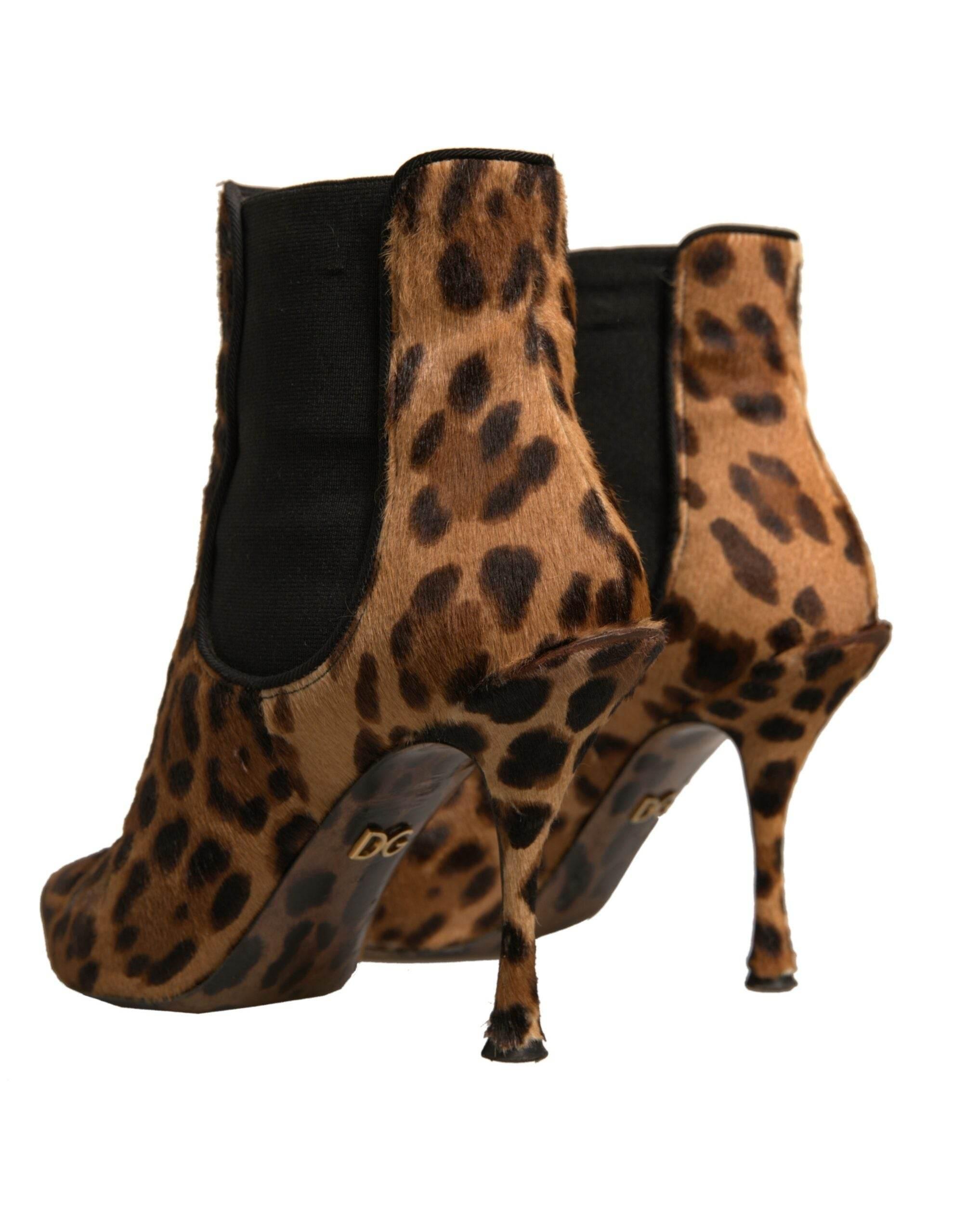 Dolce & Gabbana Brown Leopard Leather Stretch Heels Boots Shoes - Hilstor