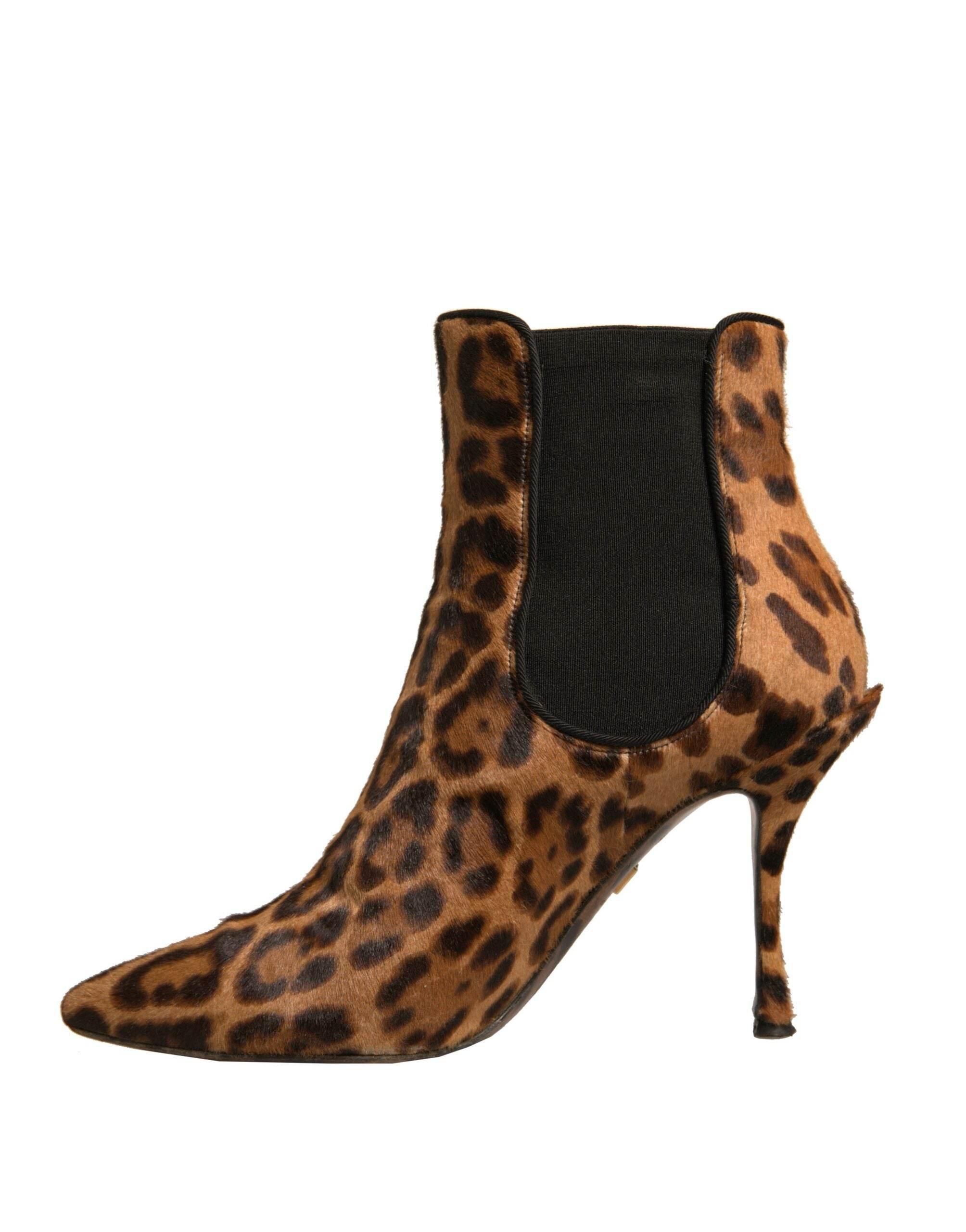 Dolce & Gabbana Brown Leopard Leather Stretch Heels Boots Shoes - Hilstor