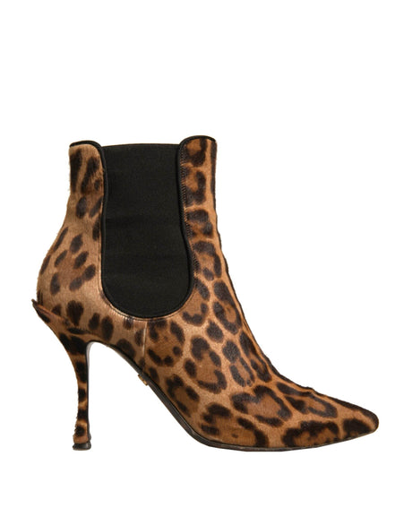 Dolce & Gabbana Brown Leopard Leather Stretch Heels Boots Shoes - Hilstor