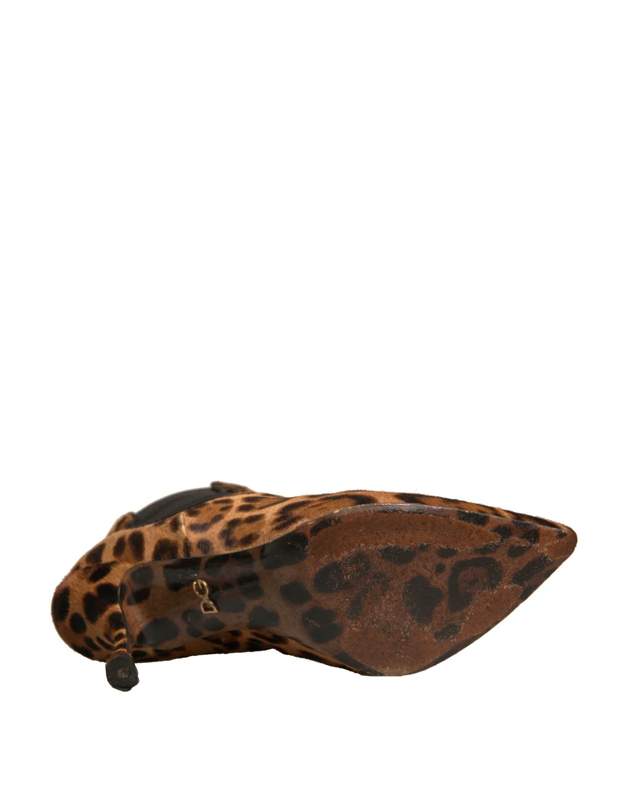 Dolce & Gabbana Brown Leopard Leather Stretch Heels Boots Shoes - Hilstor