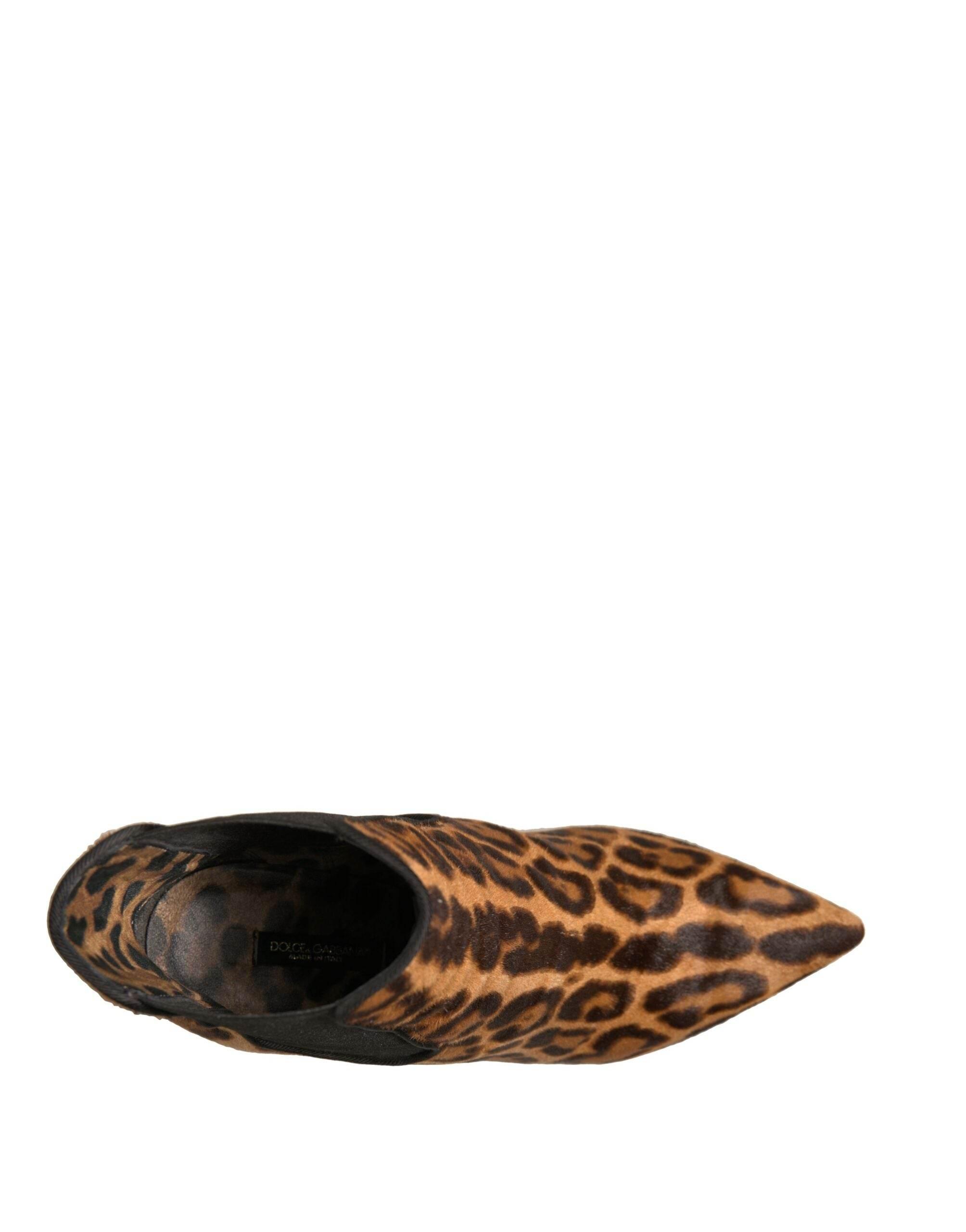 Dolce & Gabbana Brown Leopard Leather Stretch Heels Boots Shoes - Hilstor