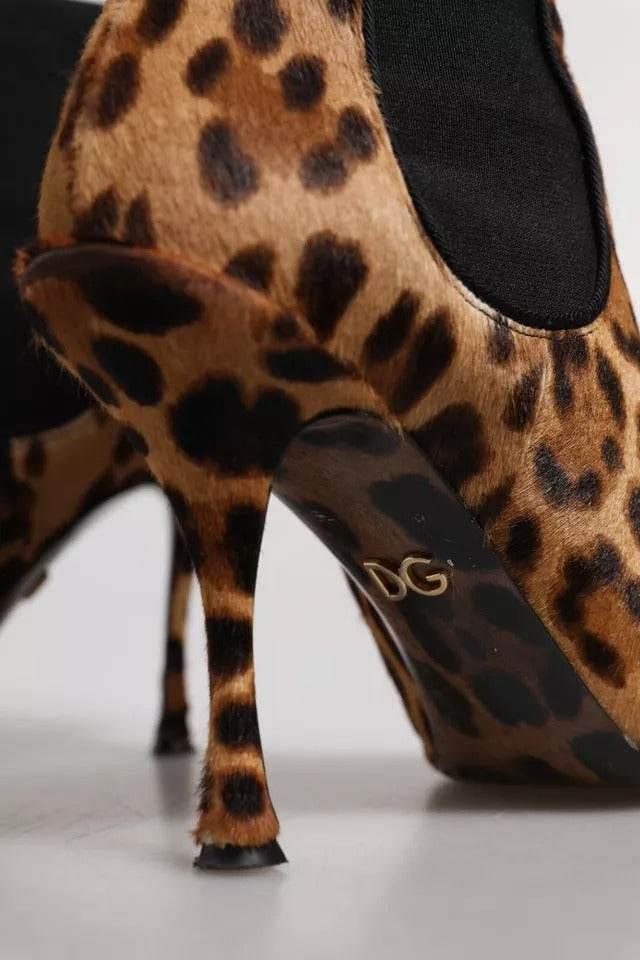 Dolce & Gabbana Brown Leopard Leather Stretch Heels Boots Shoes - Hilstor