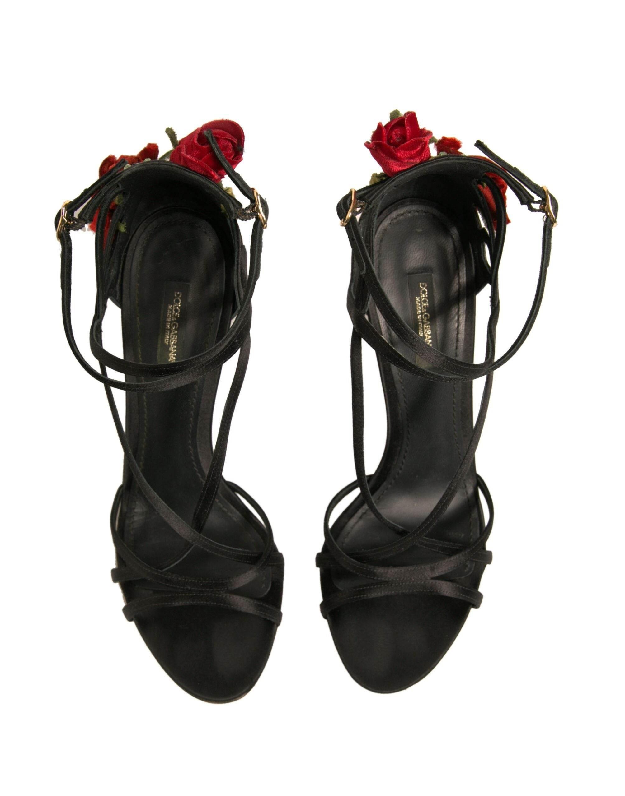 Dolce & Gabbana Black Strappy Flower Heels Sandals Shoes - Hilstor