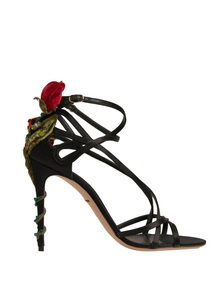 Dolce & Gabbana Black Strappy Flower Heels Sandals Shoes - Hilstor