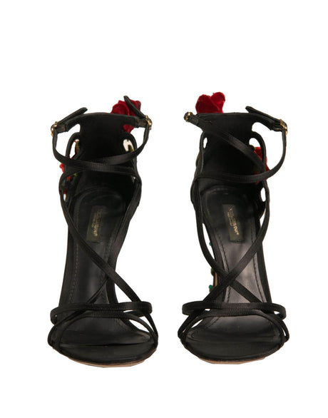Dolce & Gabbana Black Strappy Flower Heels Sandals Shoes - Hilstor