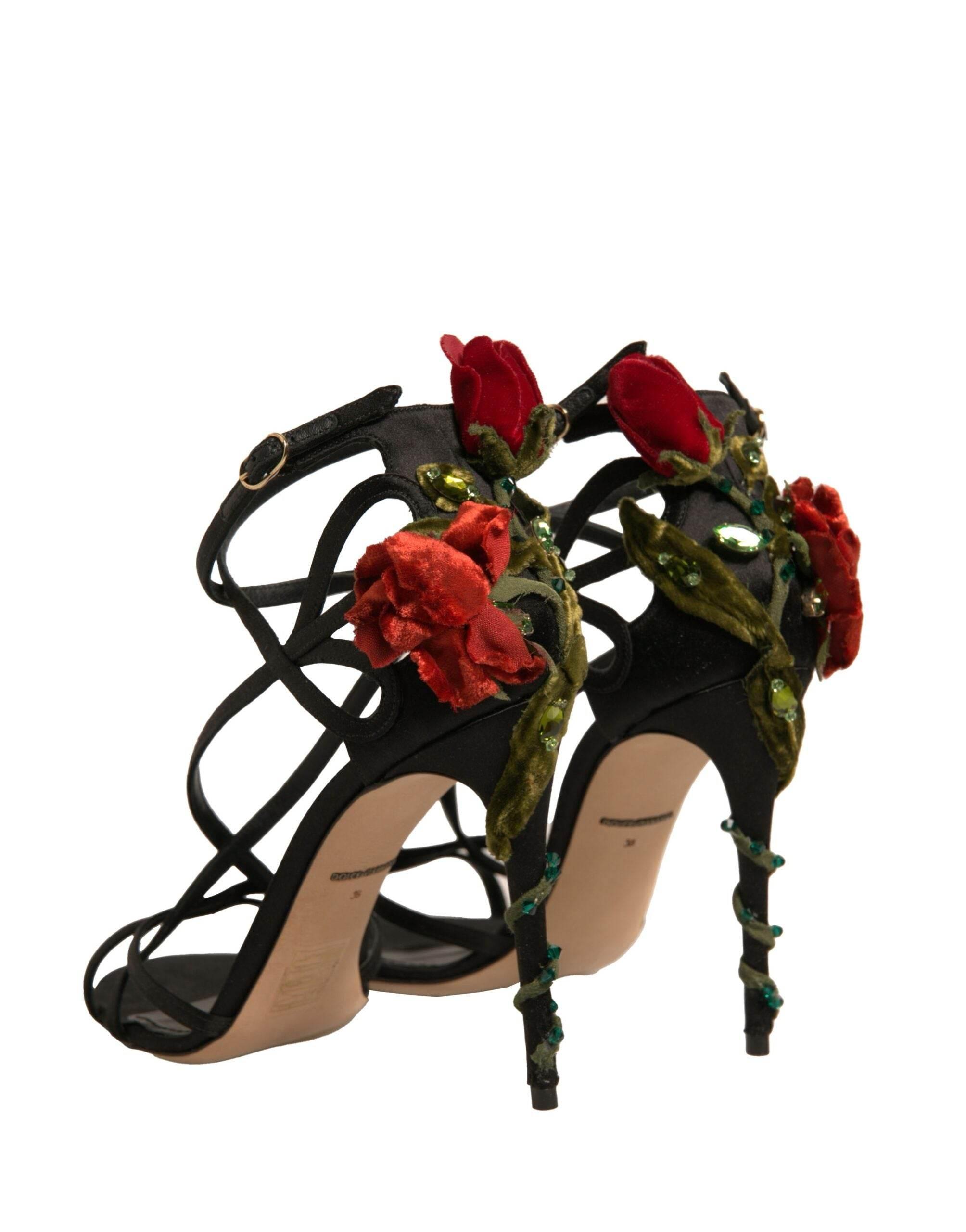 Dolce & Gabbana Black Strappy Flower Heels Sandals Shoes - Hilstor