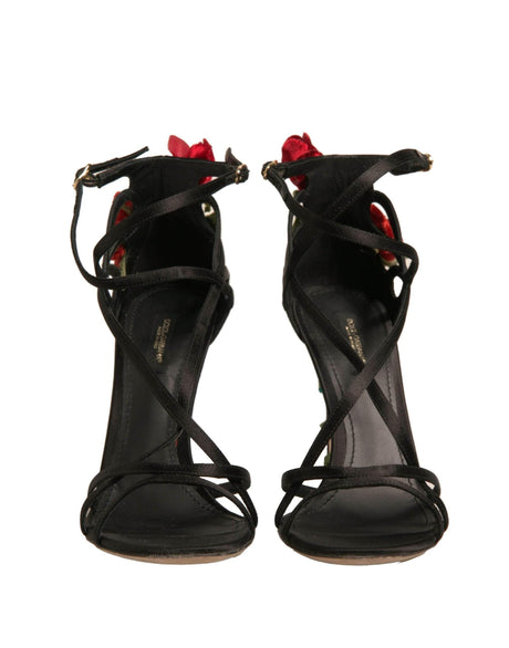 Dolce & Gabbana Black Strappy Flower Heels Sandals Shoes - Hilstor