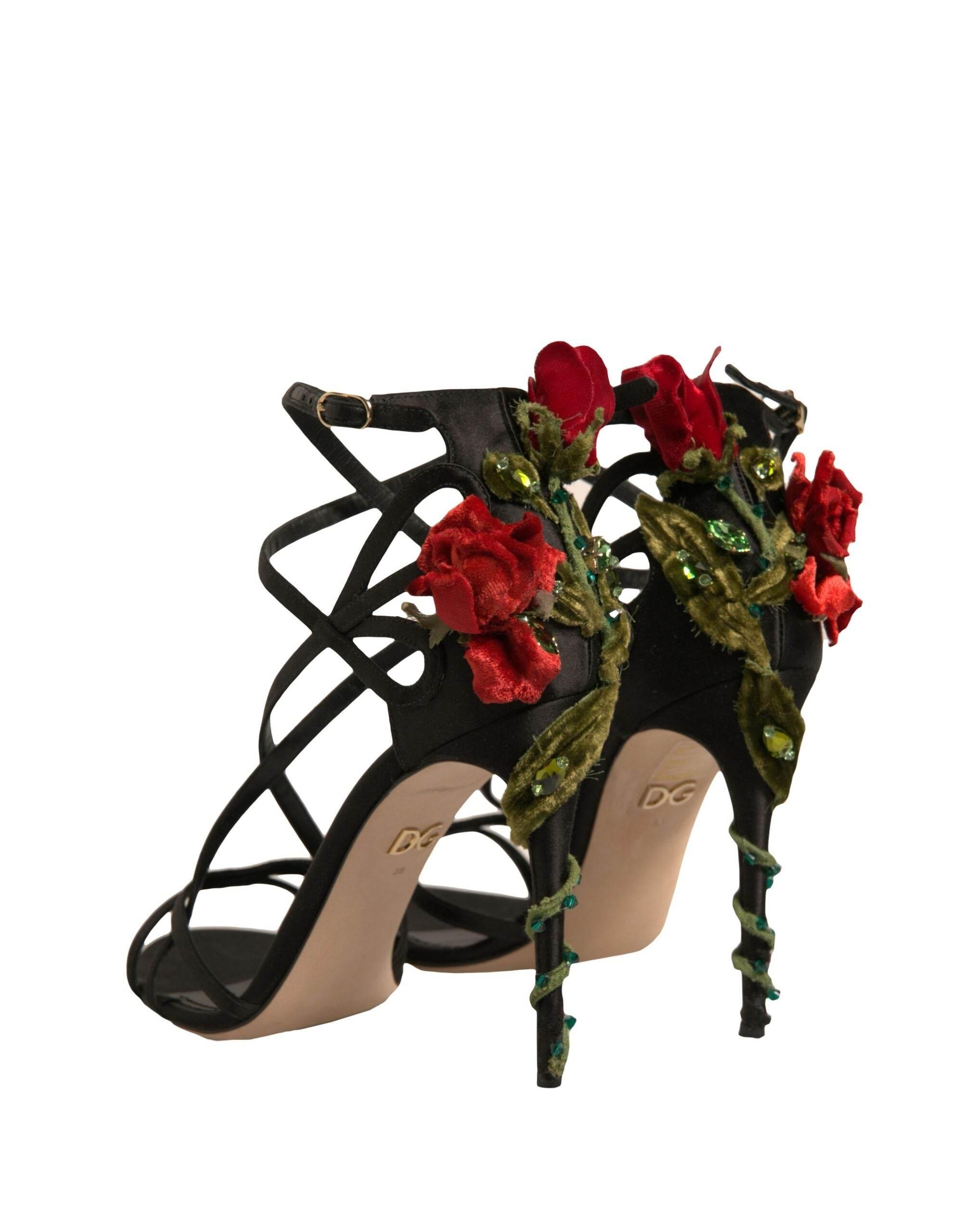 Dolce & Gabbana Black Strappy Flower Heels Sandals Shoes - Hilstor