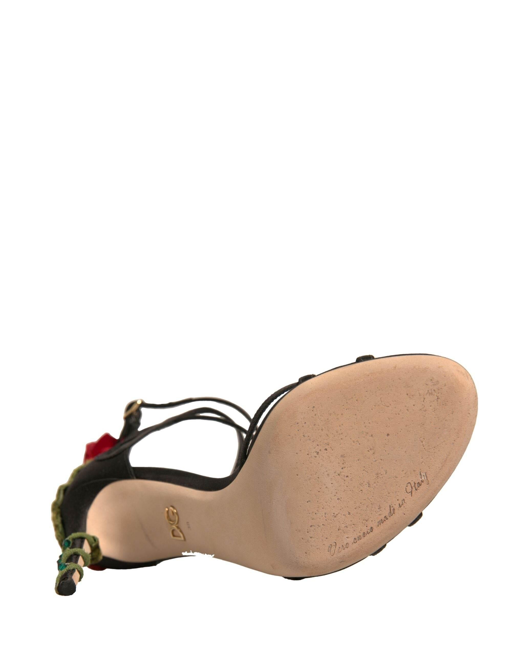 Dolce & Gabbana Black Strappy Flower Heels Sandals Shoes - Hilstor
