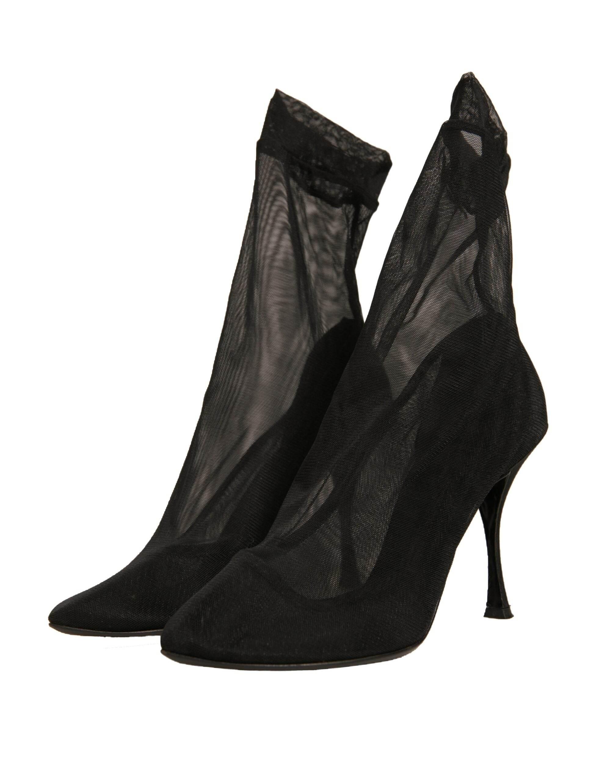 Dolce & Gabbana Black Silk Mesh Sock Style Heels Boots Shoes - Hilstor