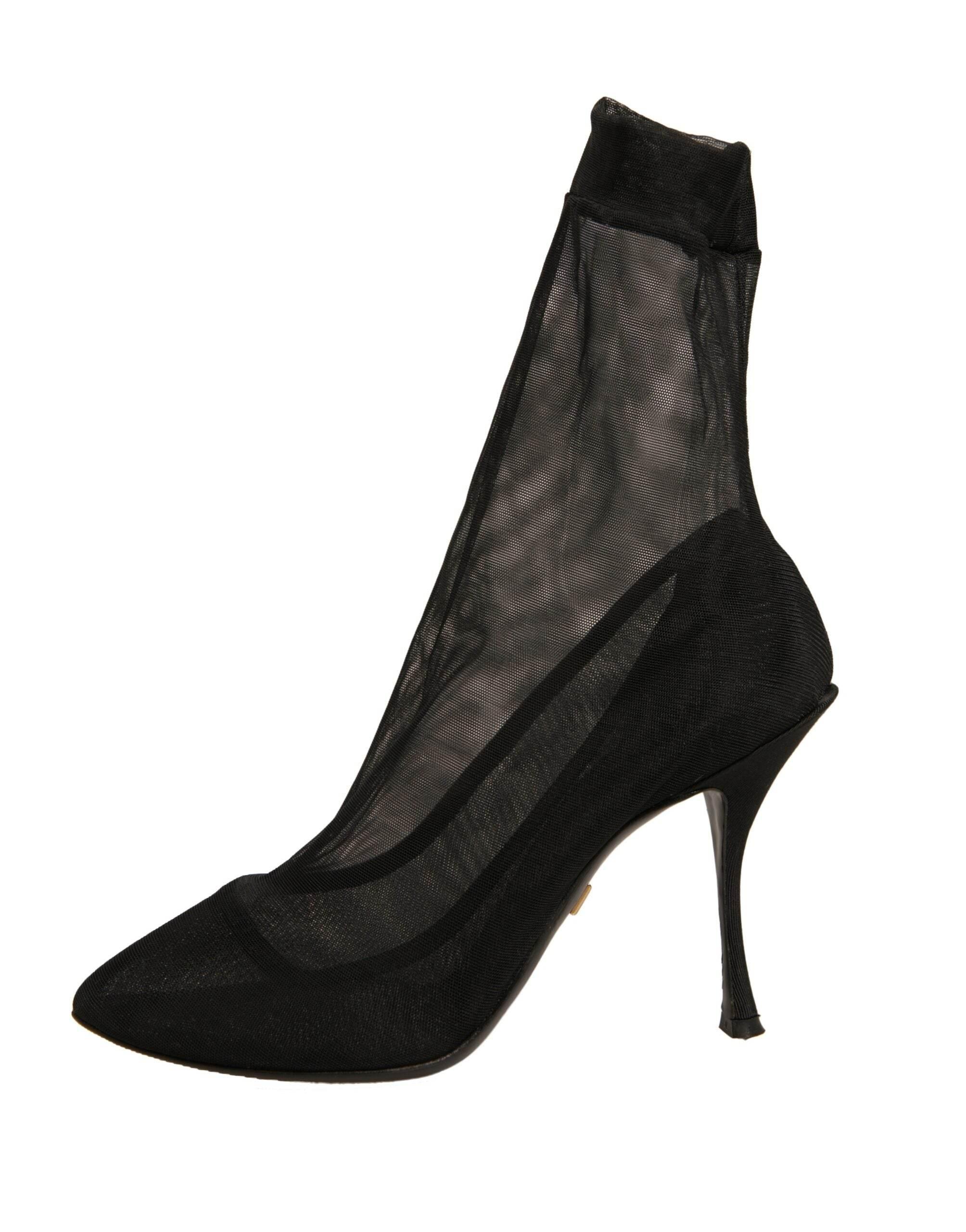 Dolce & Gabbana Black Silk Mesh Sock Style Heels Boots Shoes - Hilstor