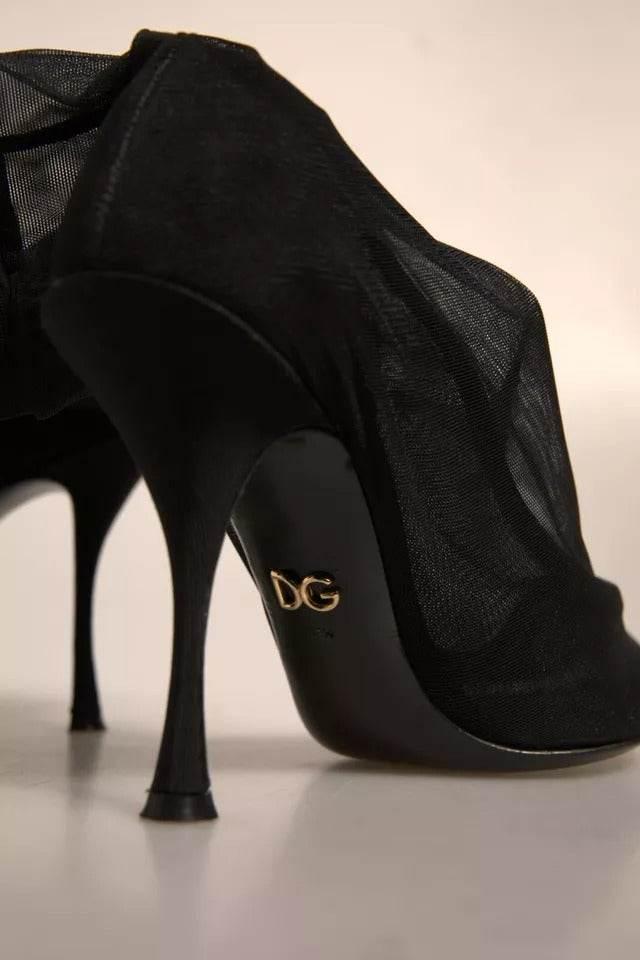 Dolce & Gabbana Black Silk Mesh Sock Style Heels Boots Shoes - Hilstor