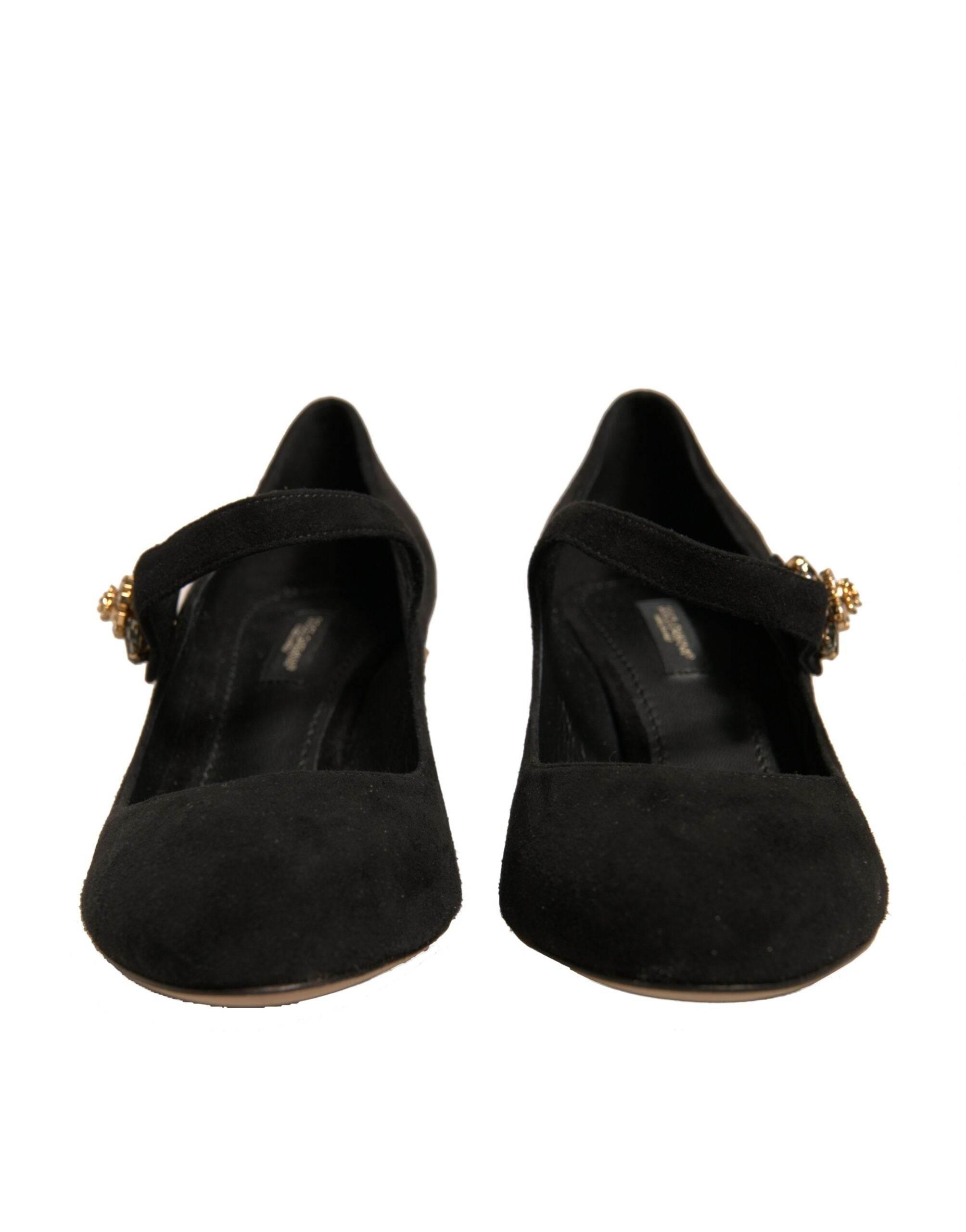 Dolce & Gabbana Black Suede Jewelled Mary Jane Pumps Shoes - Hilstor