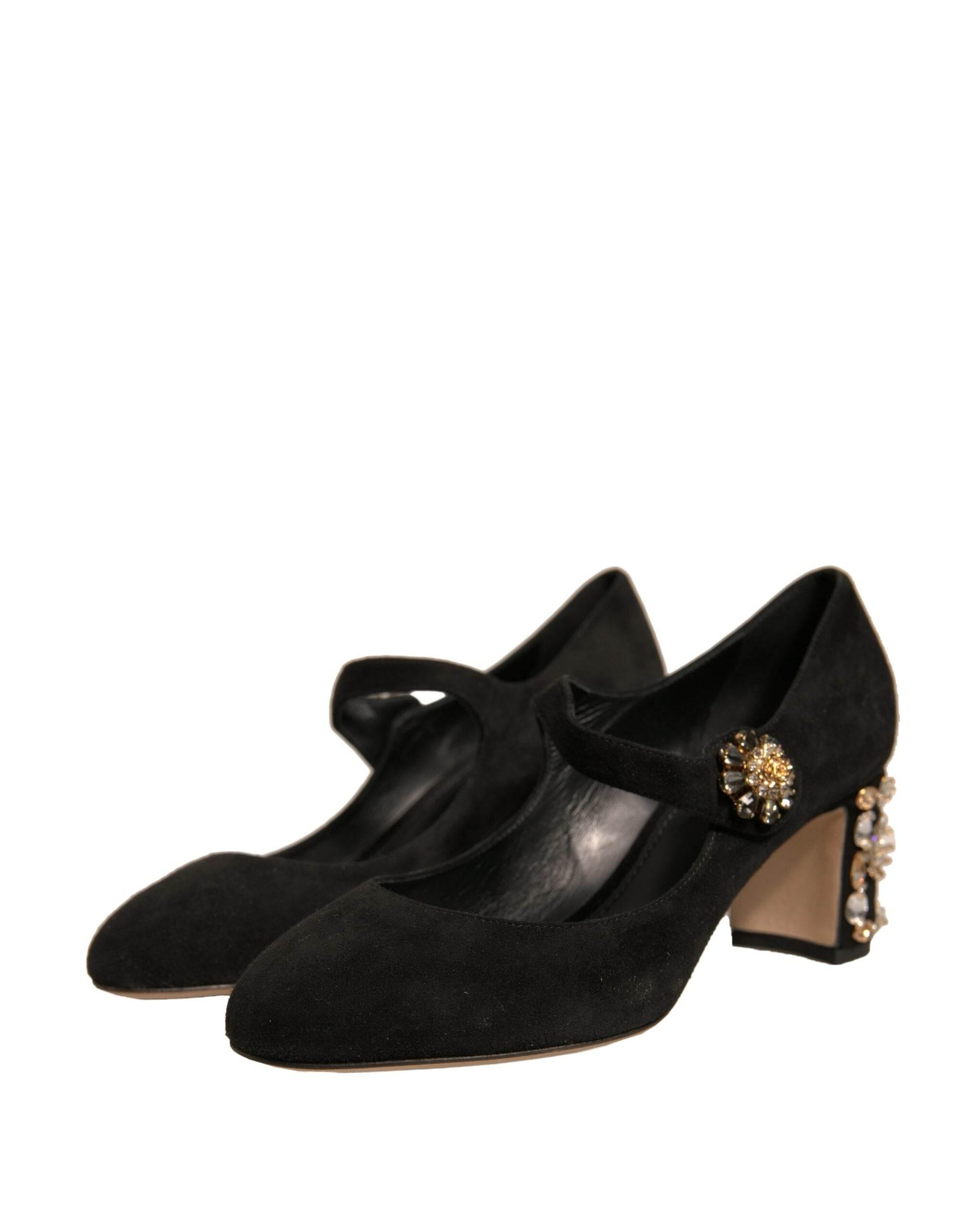 Dolce & Gabbana Black Suede Jewelled Mary Jane Pumps Shoes - Hilstor