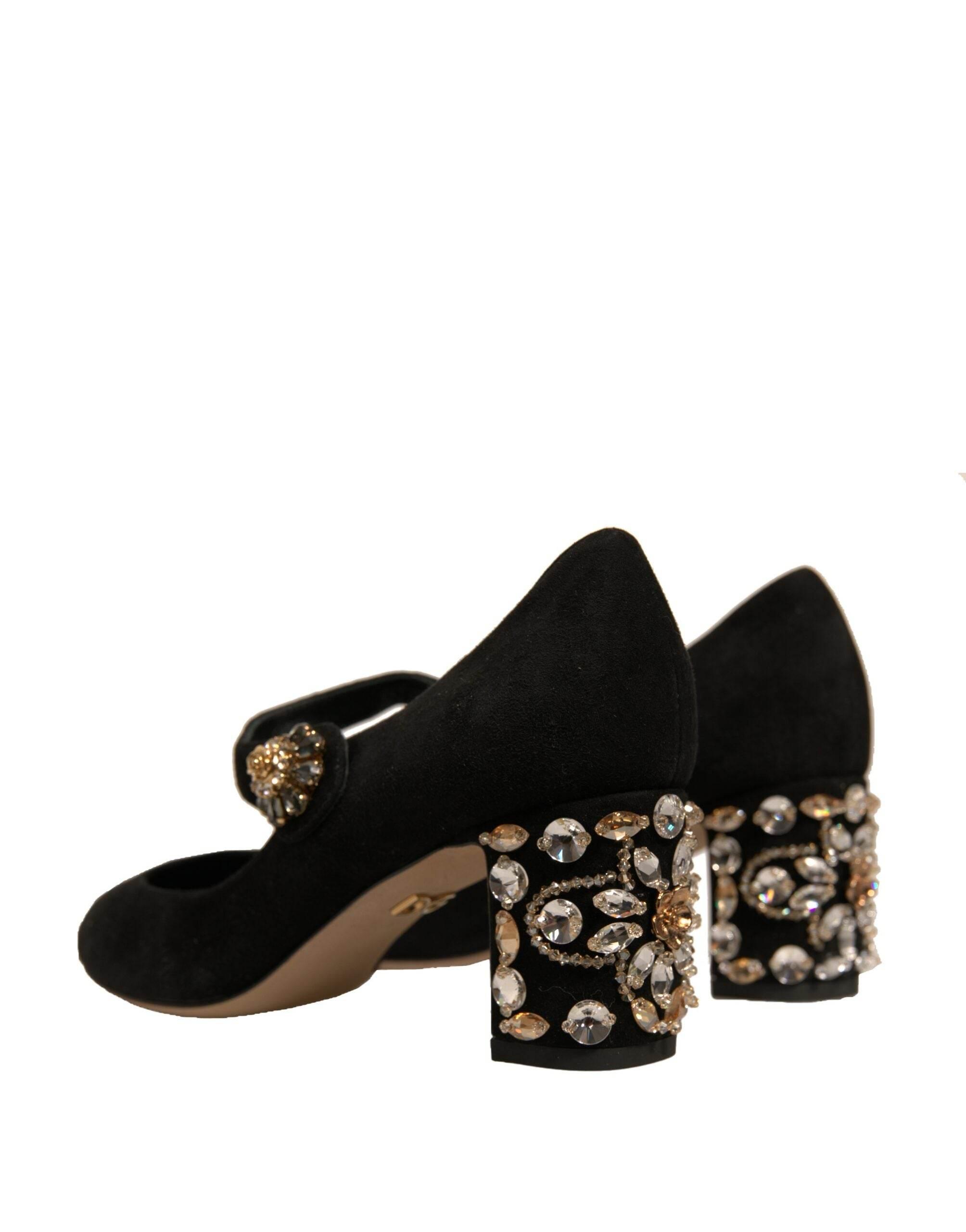 Dolce & Gabbana Black Suede Jewelled Mary Jane Pumps Shoes - Hilstor