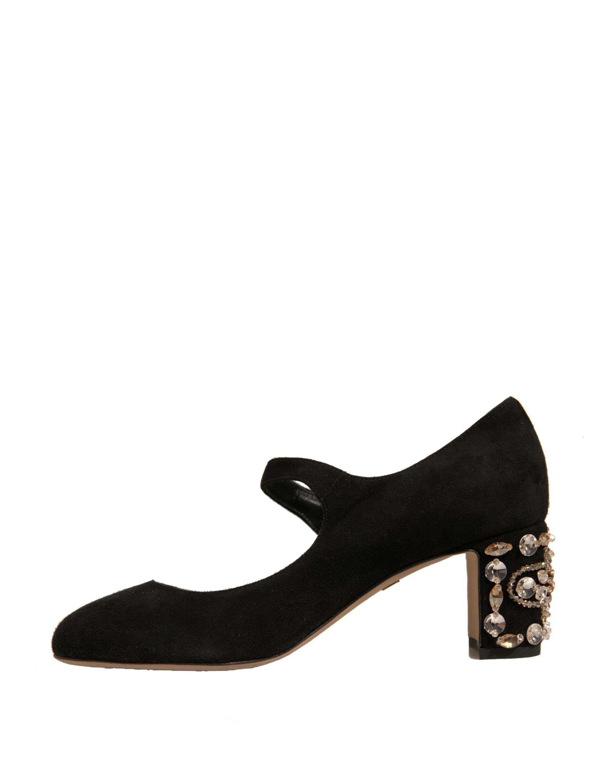 Dolce & Gabbana Black Suede Jewelled Mary Jane Pumps Shoes - Hilstor