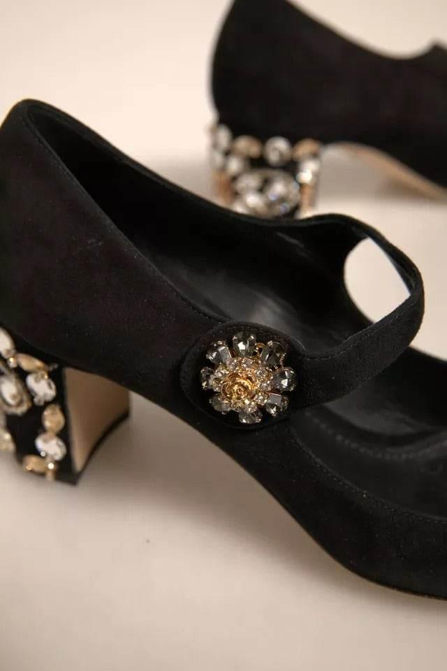Dolce & Gabbana Black Suede Jewelled Mary Jane Pumps Shoes - Hilstor
